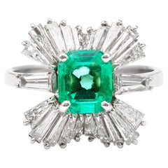 Vintage GIA Colombian Emerald Diamond Platinum Ballerina Cocktail Ring