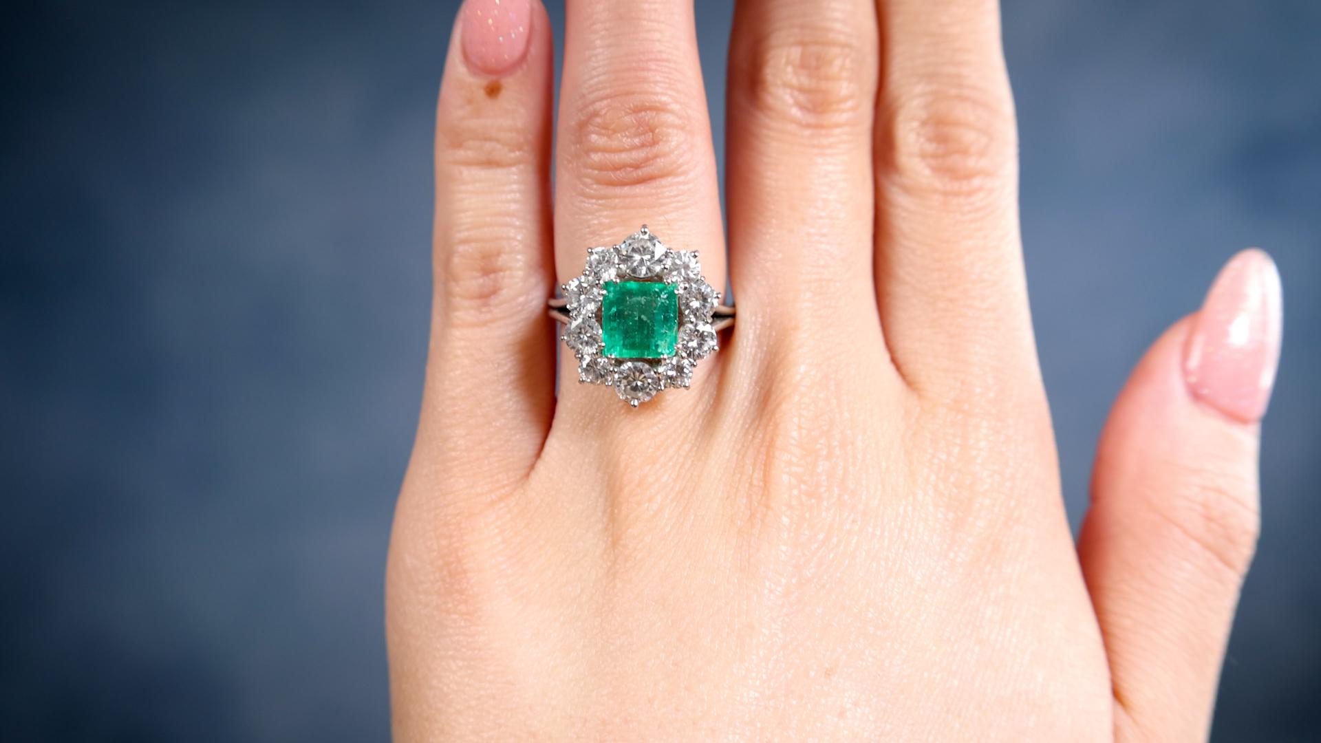 Square Cut Vintage GIA Colombian Emerald Diamond Platinum Cluster Ring For Sale