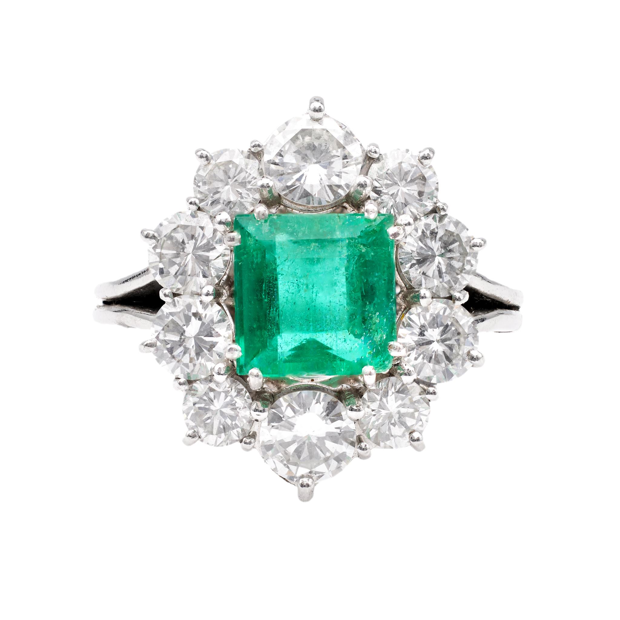 Vintage GIA Colombian Emerald Diamond Platinum Cluster Ring For Sale