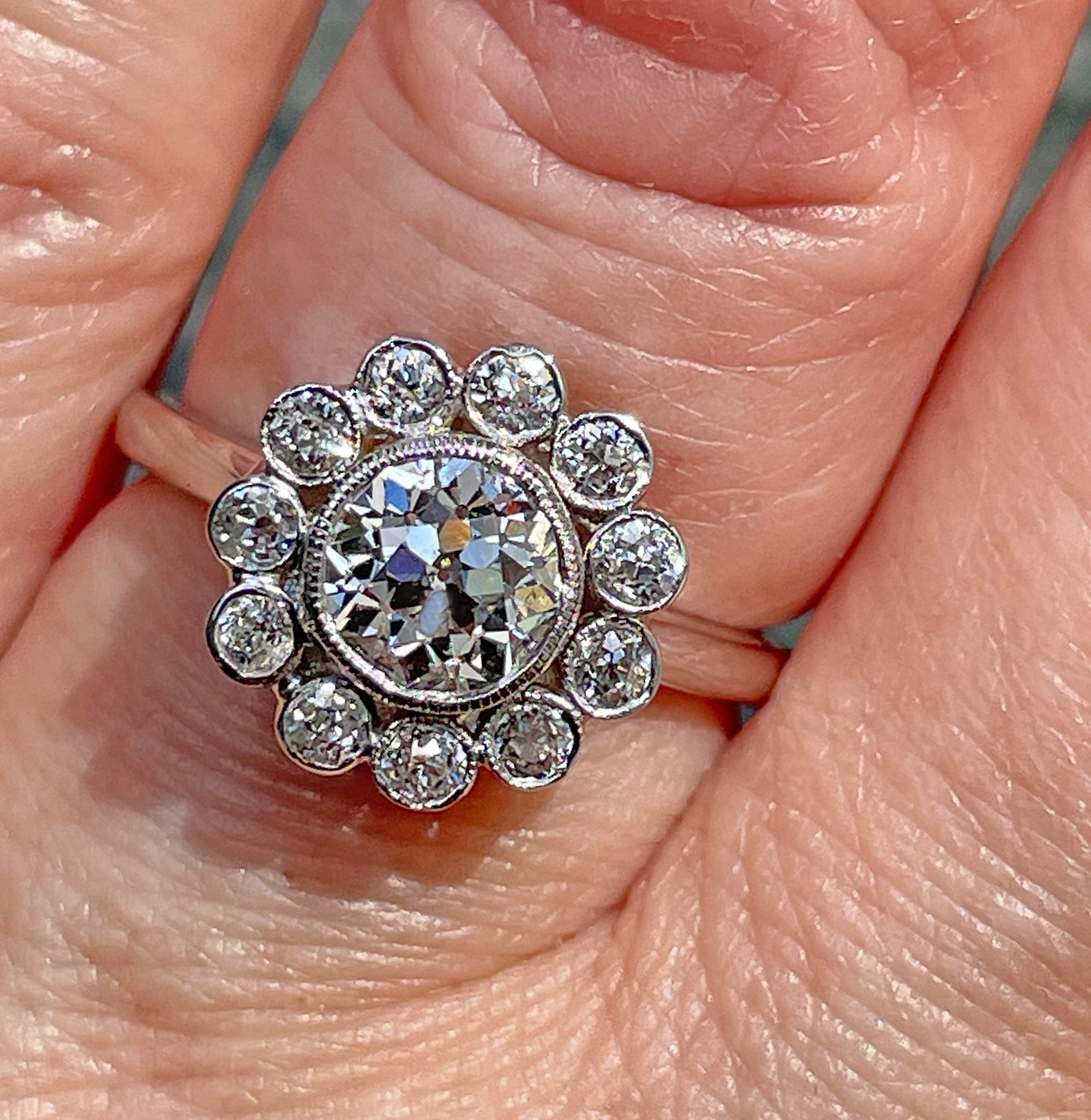 Vintage GIA Colorless 2.06ctw Old European Diamond Flower Cluster Platinum Ring For Sale 4