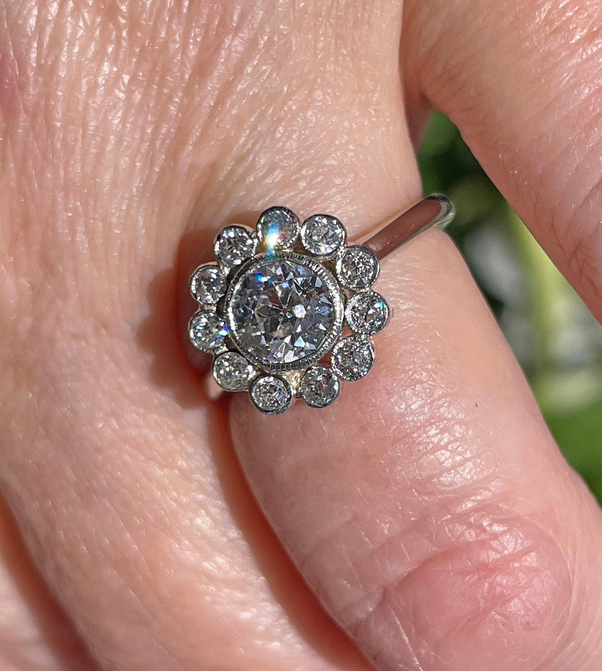 Vintage GIA Colorless 2.06ctw Old European Diamond Flower Cluster Platinum Ring For Sale 7