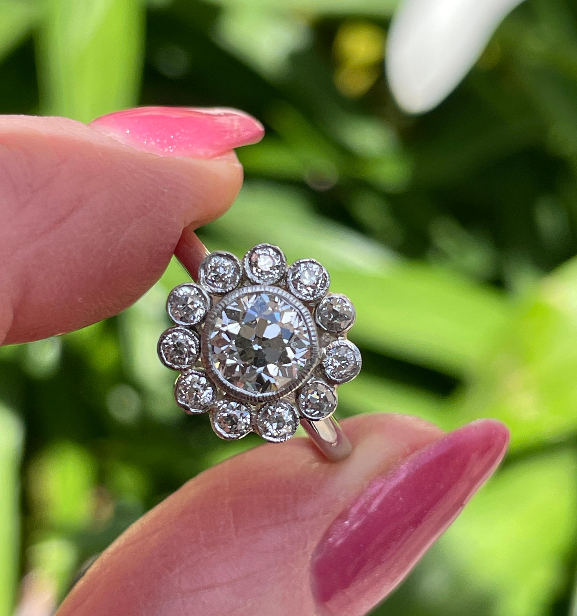 Vintage GIA Colorless 2.06ctw Old European Diamond Flower Cluster Platinum Ring For Sale 8