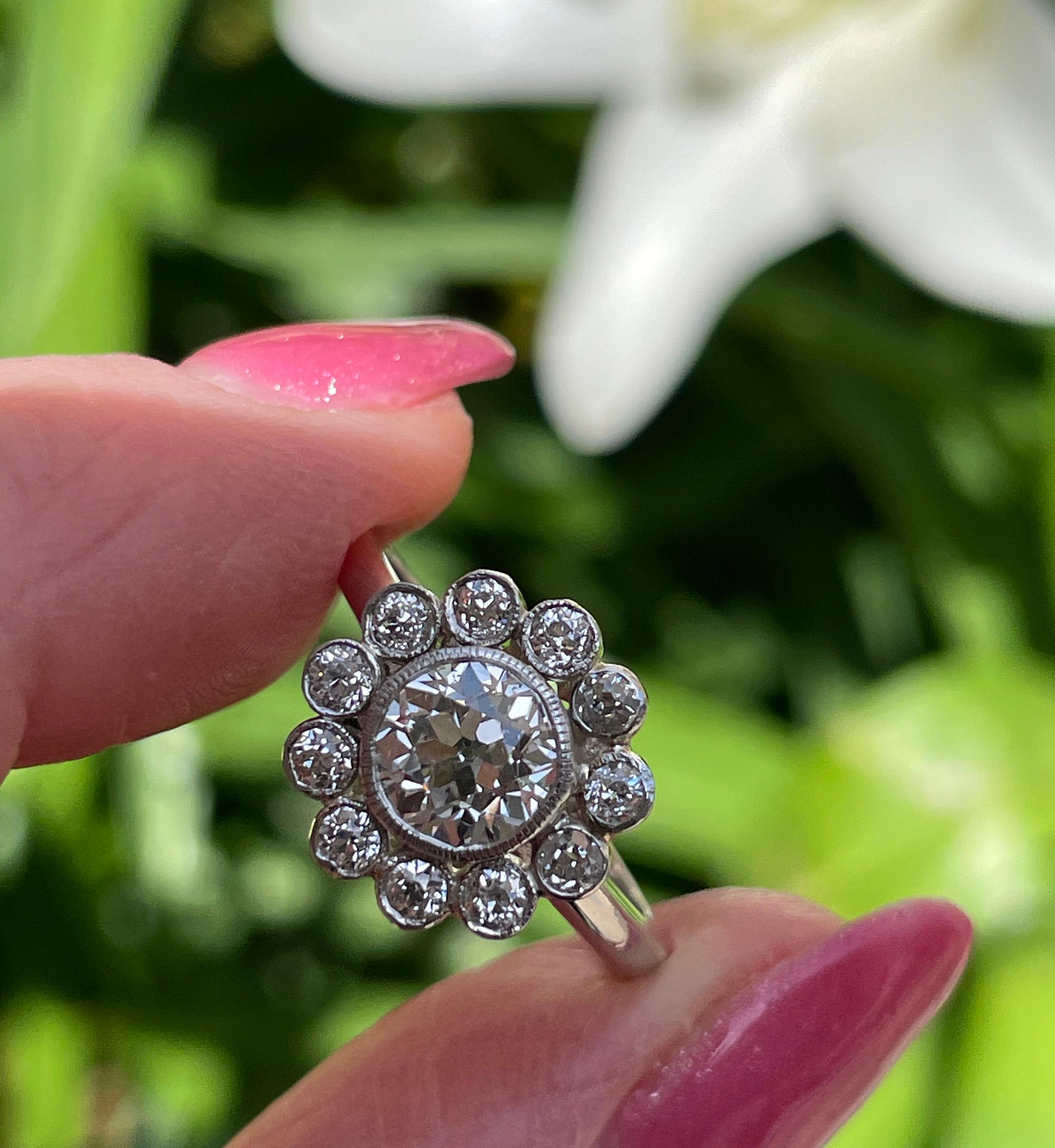 Vintage GIA Colorless 2.06ctw Old European Diamond Flower Cluster Platinum Ring For Sale 9