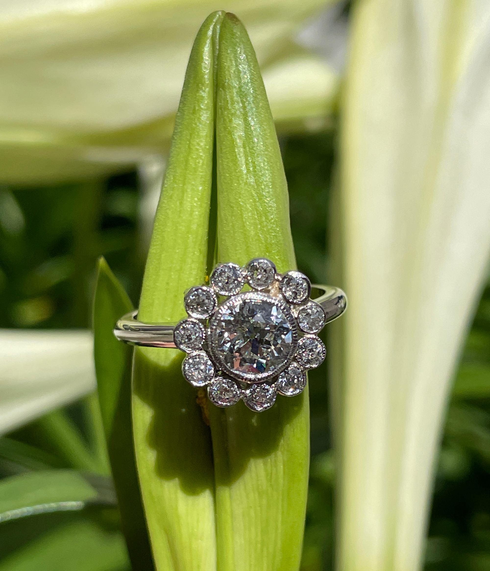 Vintage GIA Colorless 2.06ctw Old European Diamond Flower Cluster Platinum Ring For Sale 10
