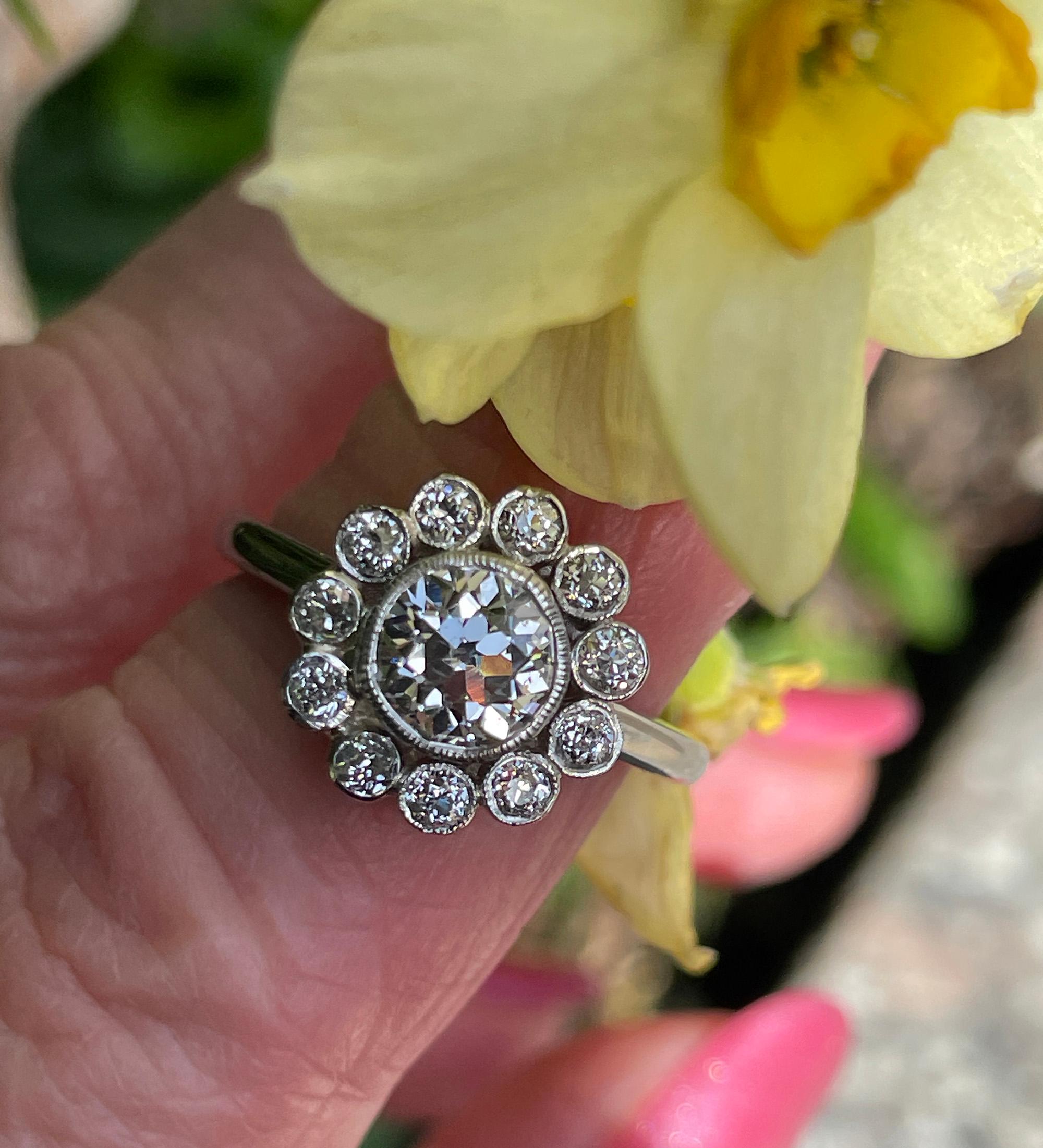 Vintage GIA Colorless 2.06ctw Old European Diamond Flower Cluster Platinum Ring For Sale 11