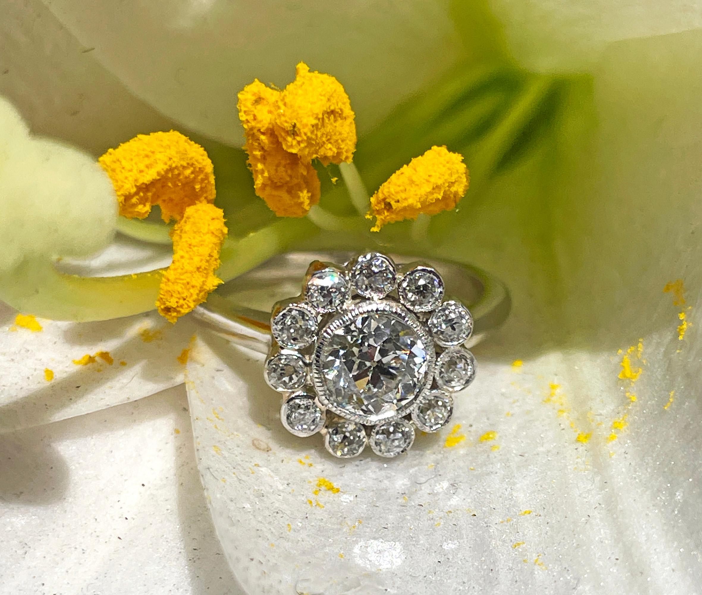 Vintage GIA Colorless 2.06ctw Old European Diamond Flower Cluster Platinum Ring For Sale 13