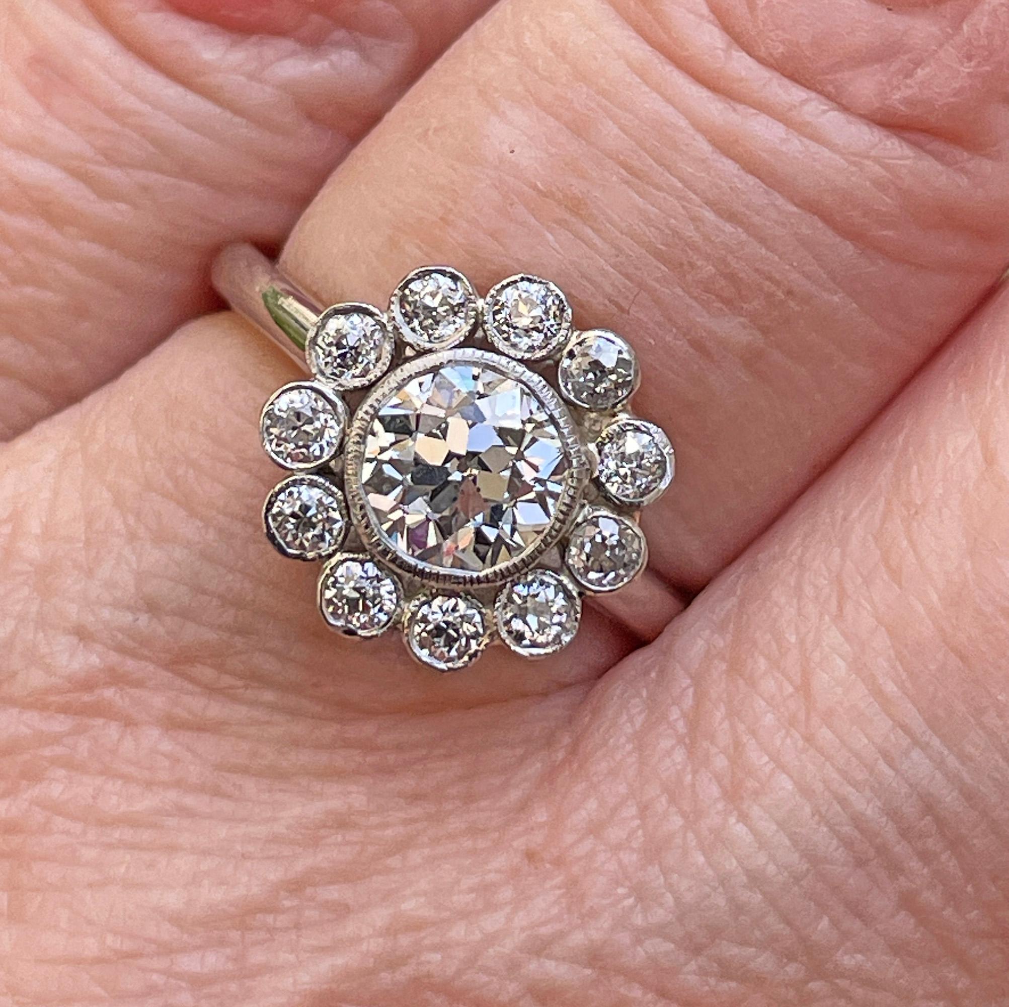 Vintage GIA Colorless 2.06ctw Old European Diamond Flower Cluster Platinum Ring For Sale 14