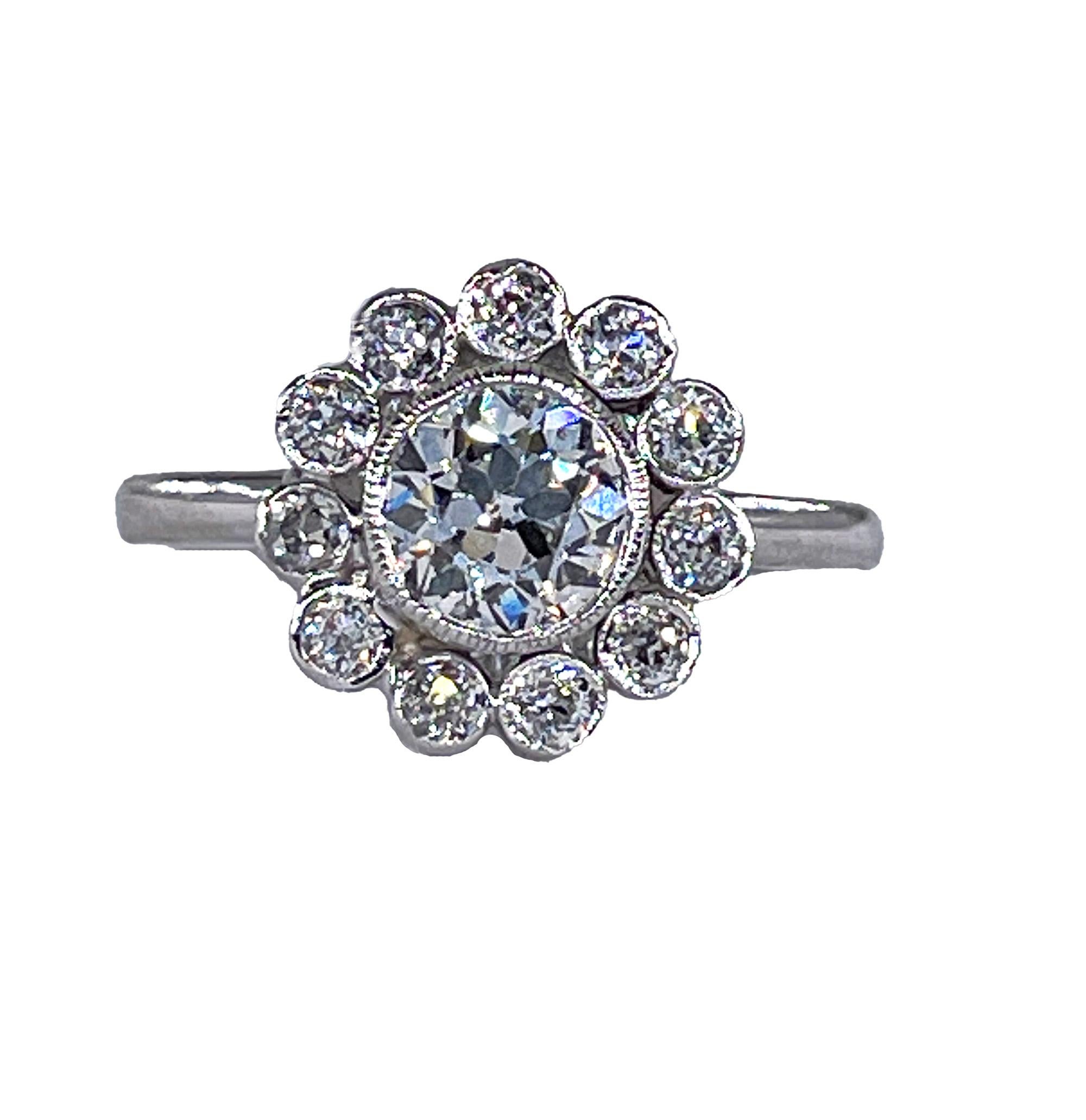 Old European Cut Vintage GIA Colorless 2.06ctw Old European Diamond Flower Cluster Platinum Ring For Sale