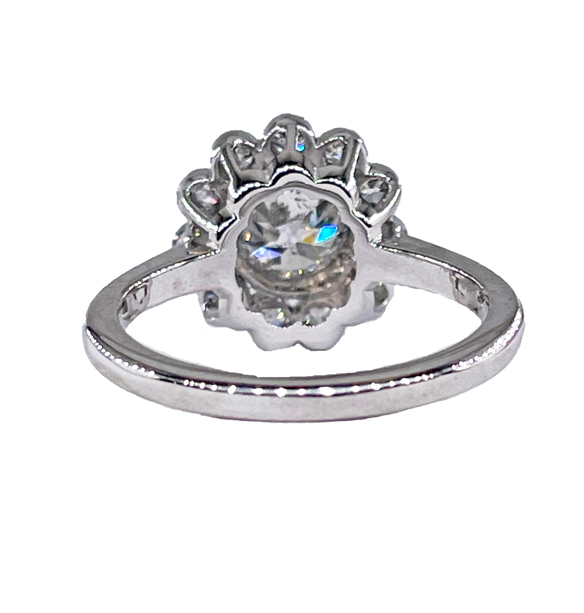 Women's Vintage GIA Colorless 2.06ctw Old European Diamond Flower Cluster Platinum Ring For Sale