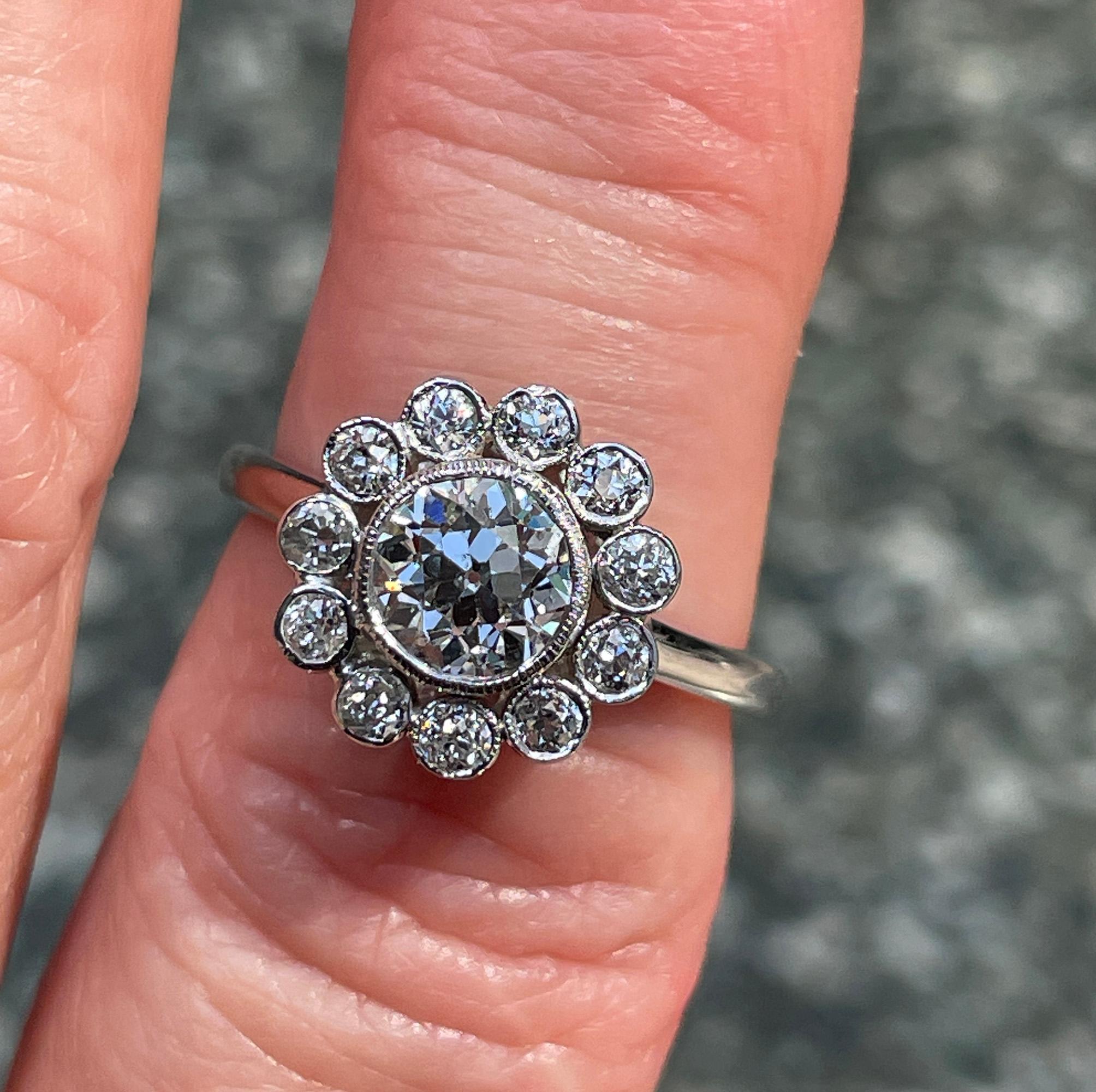 Vintage GIA Colorless 2.06ctw Old European Diamond Flower Cluster Platinum Ring For Sale 2