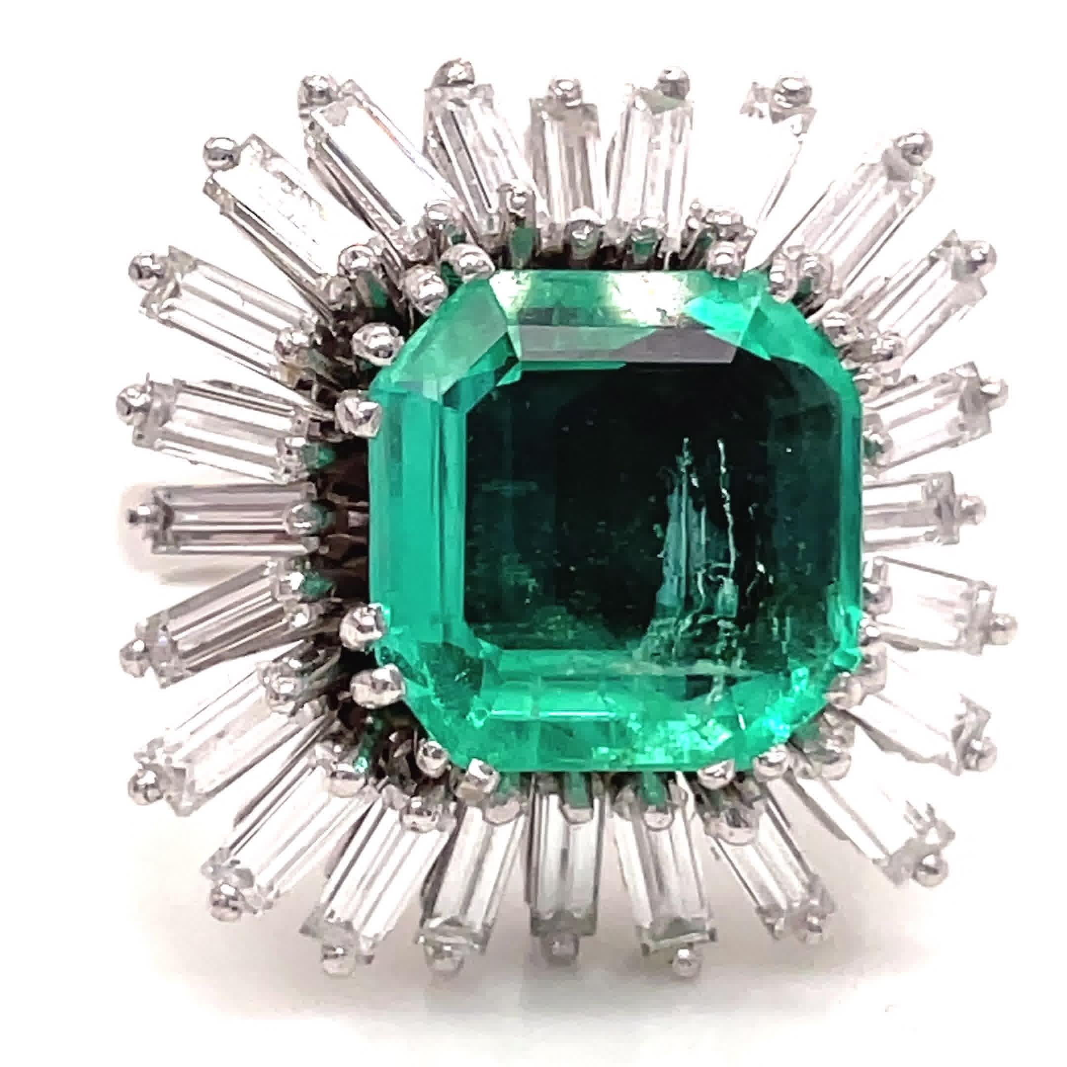 Square Cut Vintage GIA Columbian Step Cut Emerald Diamond Platinum Ballerina Cluster Ring