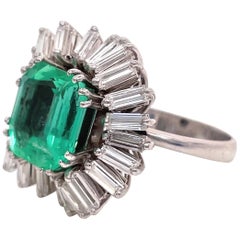 Vintage GIA Columbian Step Cut Emerald Diamond Platinum Ballerina Cluster Ring