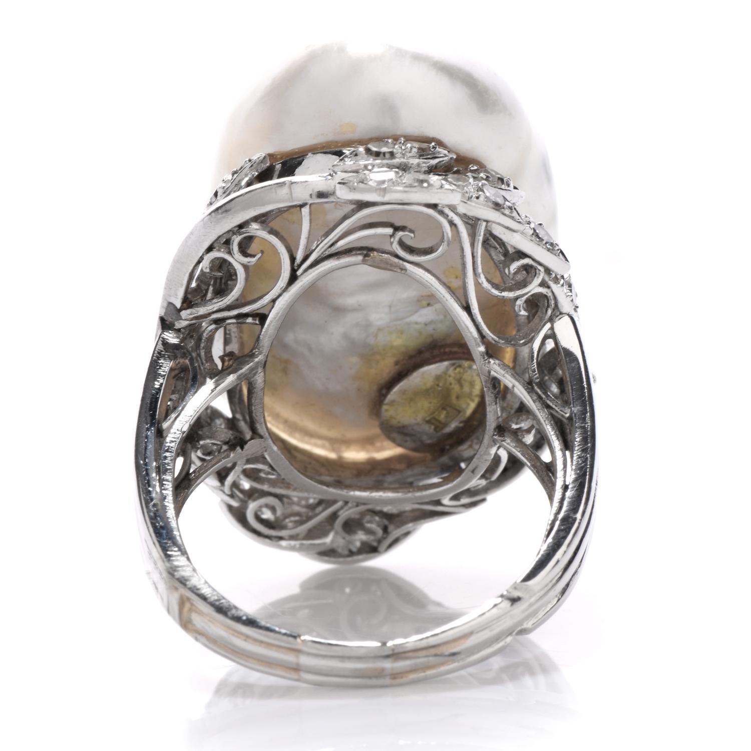 Art Deco Vintage GIA Diamond Baroque White Pearl Platinum Large Cocktail Ring