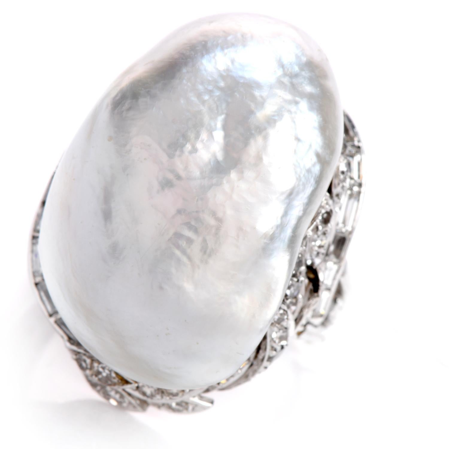 Round Cut Vintage GIA Diamond Baroque White Pearl Platinum Large Cocktail Ring