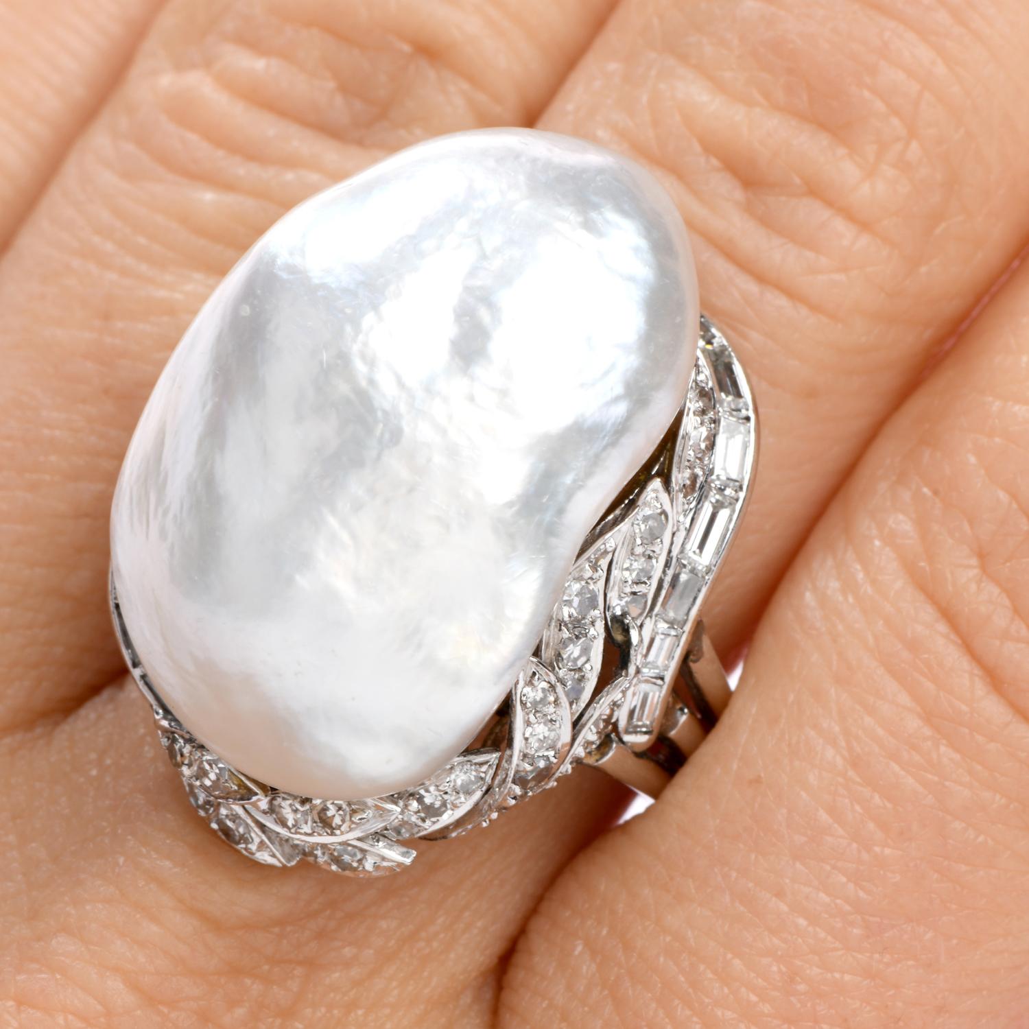 Vintage GIA Diamond Baroque White Pearl Platinum Large Cocktail Ring In Excellent Condition In Miami, FL