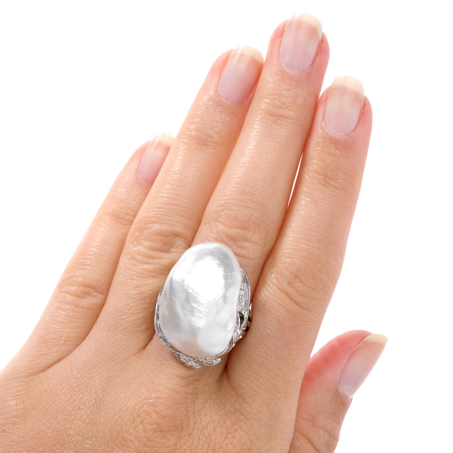 Women's or Men's Vintage GIA Diamond Baroque White Pearl Platinum Large Cocktail Ring