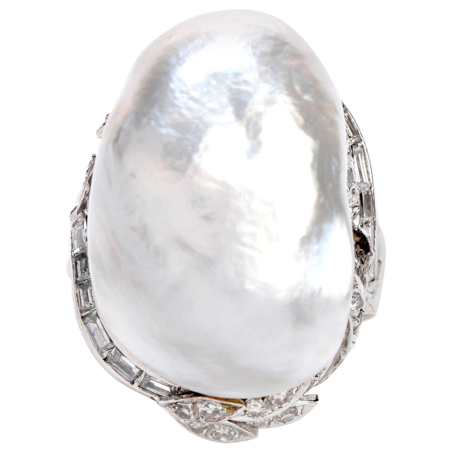 Vintage GIA Diamond Baroque White Pearl Platinum Large Cocktail Ring