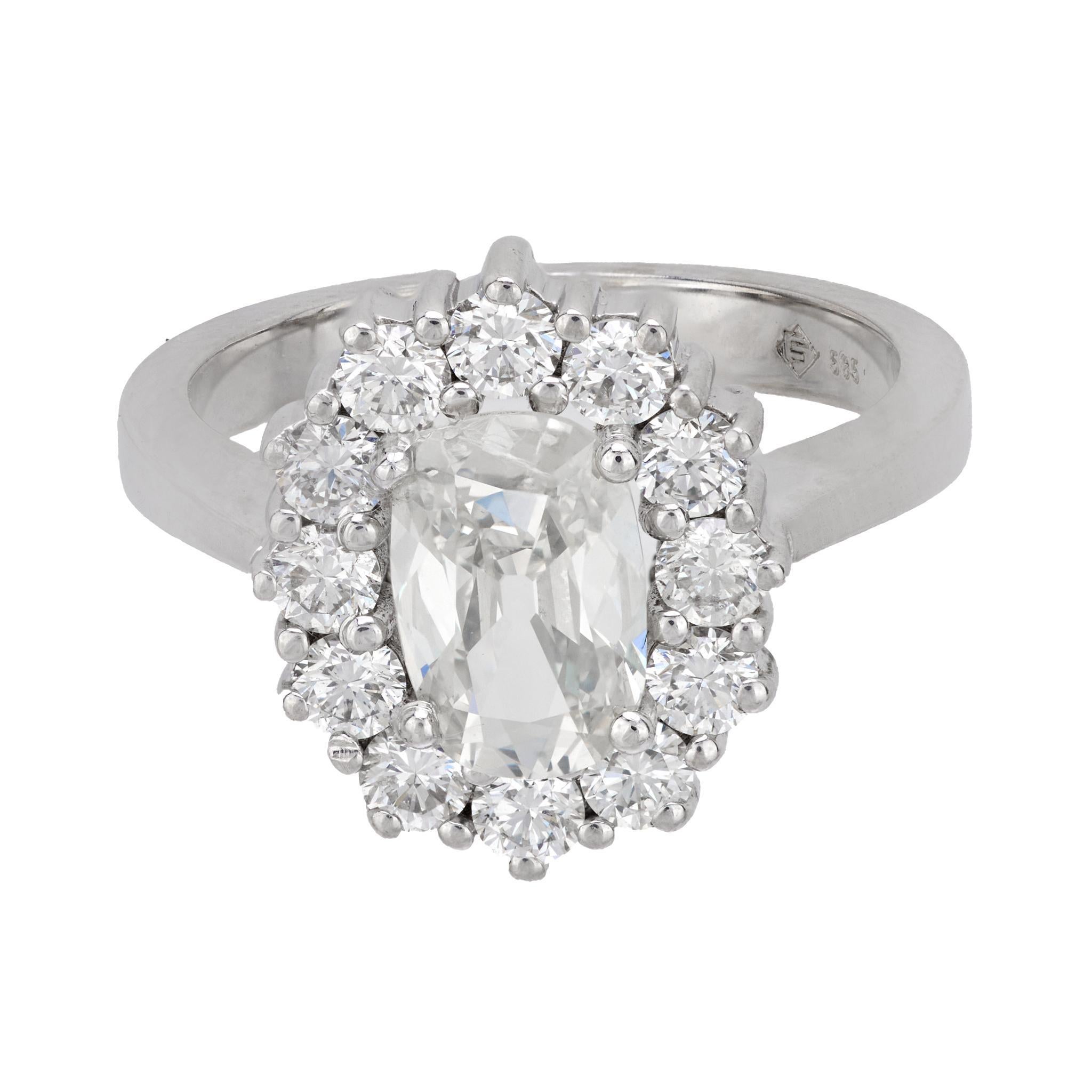 Modern Vintage GIA elongated old mine diamond 14k white gold cluster ring For Sale