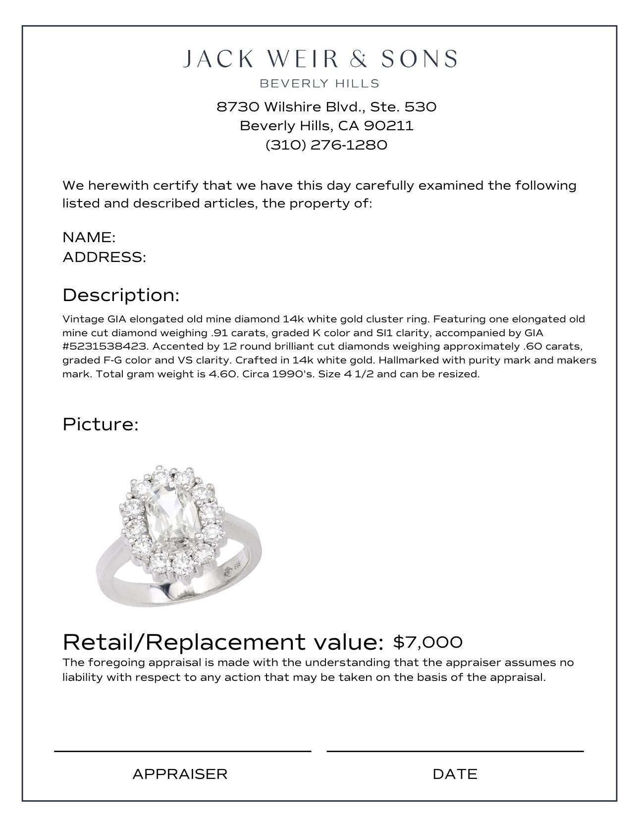 Vintage GIA elongated old mine diamond 14k white gold cluster ring In Good Condition For Sale In Beverly Hills, CA