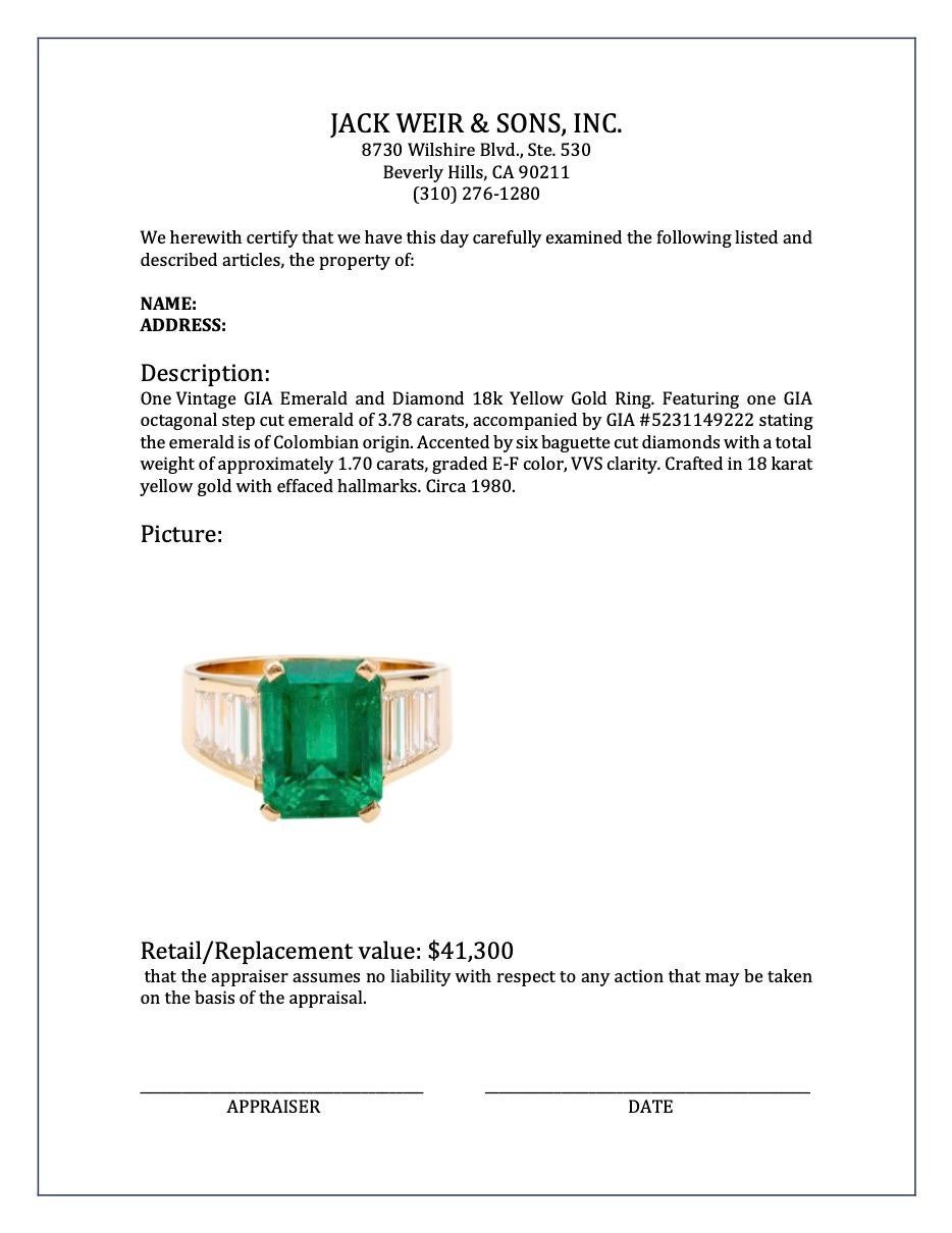 Vintage GIA 3.78 Carat Colombian Emerald and Diamond 18k Yellow Gold Ring 3
