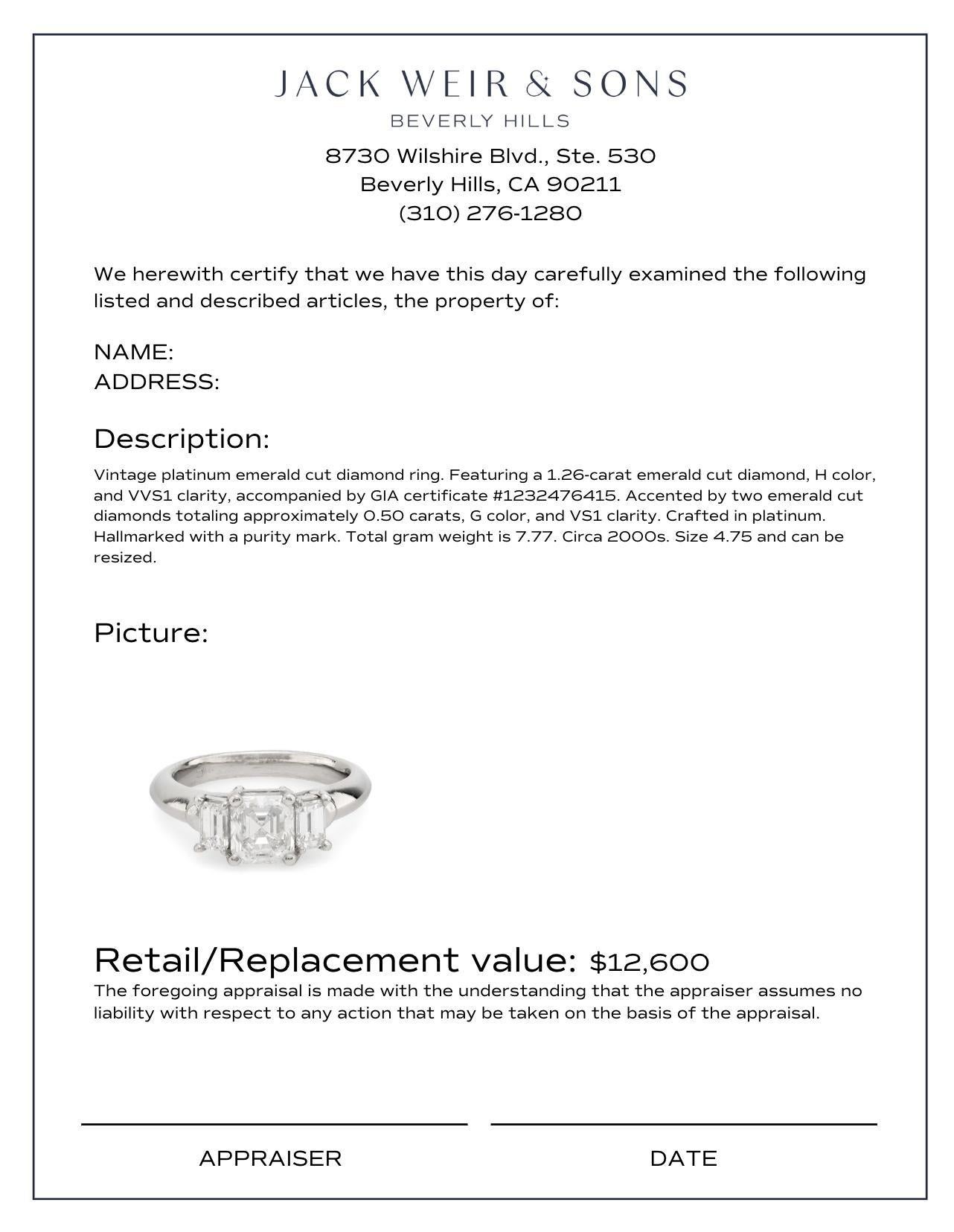 Vintage GIA emerald cut diamond platinum three stone ring In Excellent Condition In Beverly Hills, CA