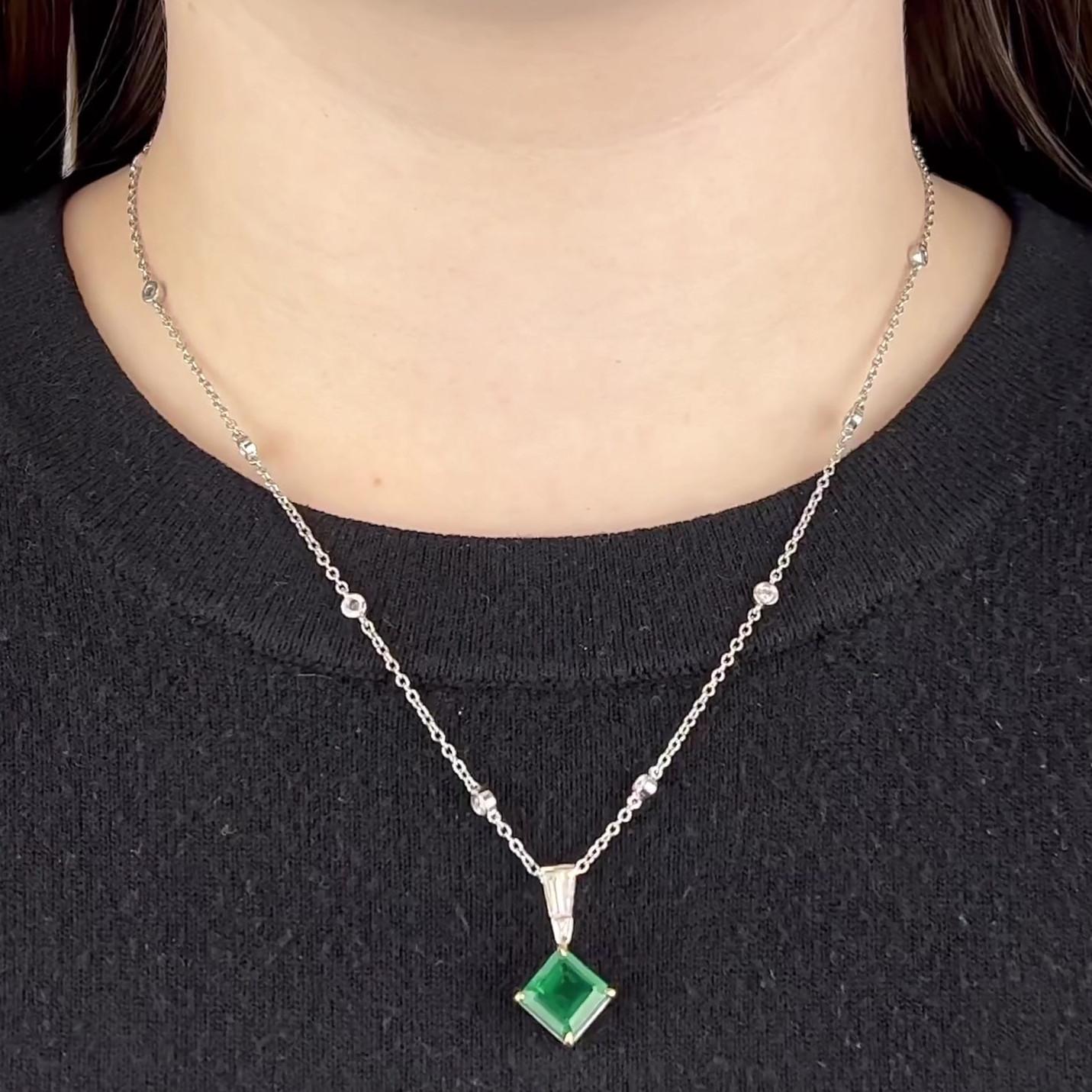 Square Cut Vintage GIA Emerald Diamond 18 Karat White Gold Pendant Necklace