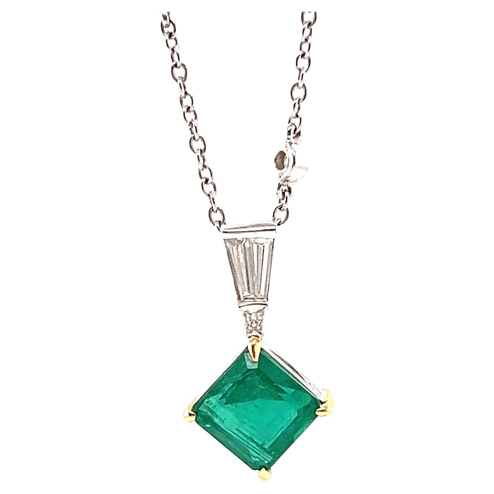 Vintage GIA Emerald Diamond 18 Karat White Gold Pendant Necklace