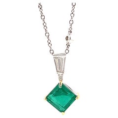 Vintage GIA Emerald Diamond 18 Karat White Gold Pendant Necklace