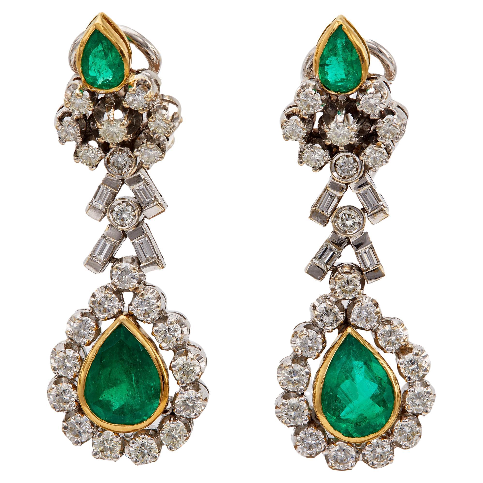 Vintage GIA Italian Emerald and Diamond 18k Two-Tone Dangle Earrings