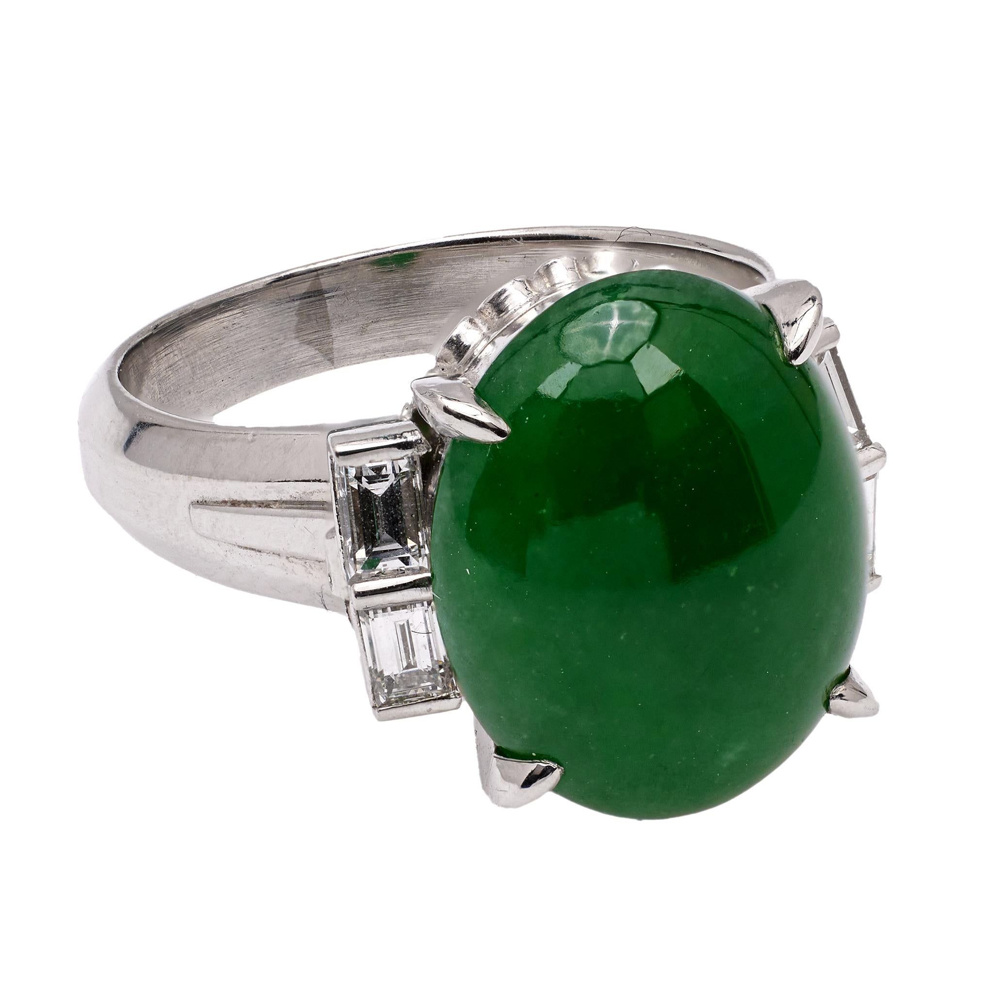 Women's or Men's Vintage GIA Jade and Diamond Platinum Ring
