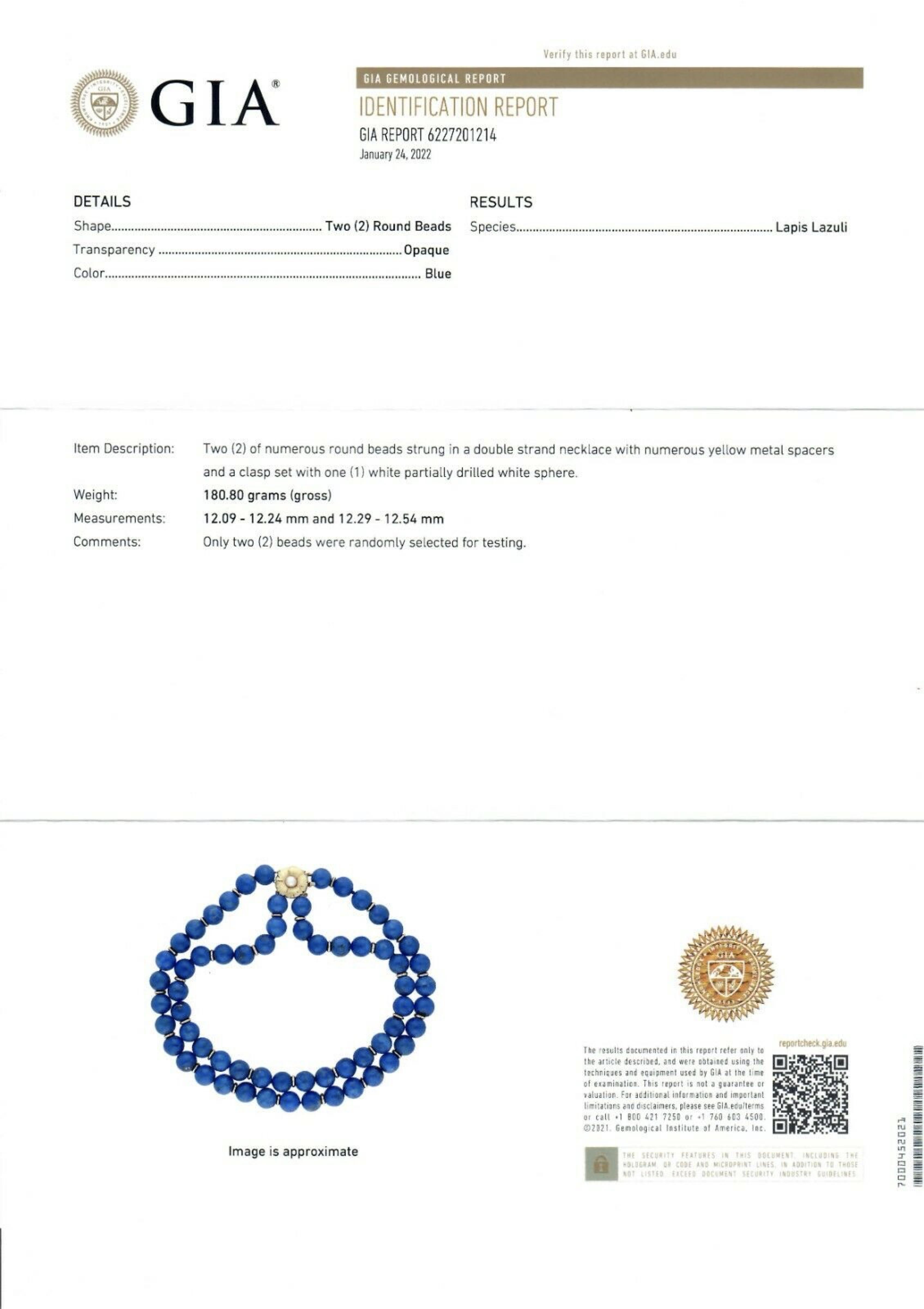 Vintage GIA Lapis Lazuli Bead Dual Strand Necklace & 14k Gold Pearl Flower Clasp 3