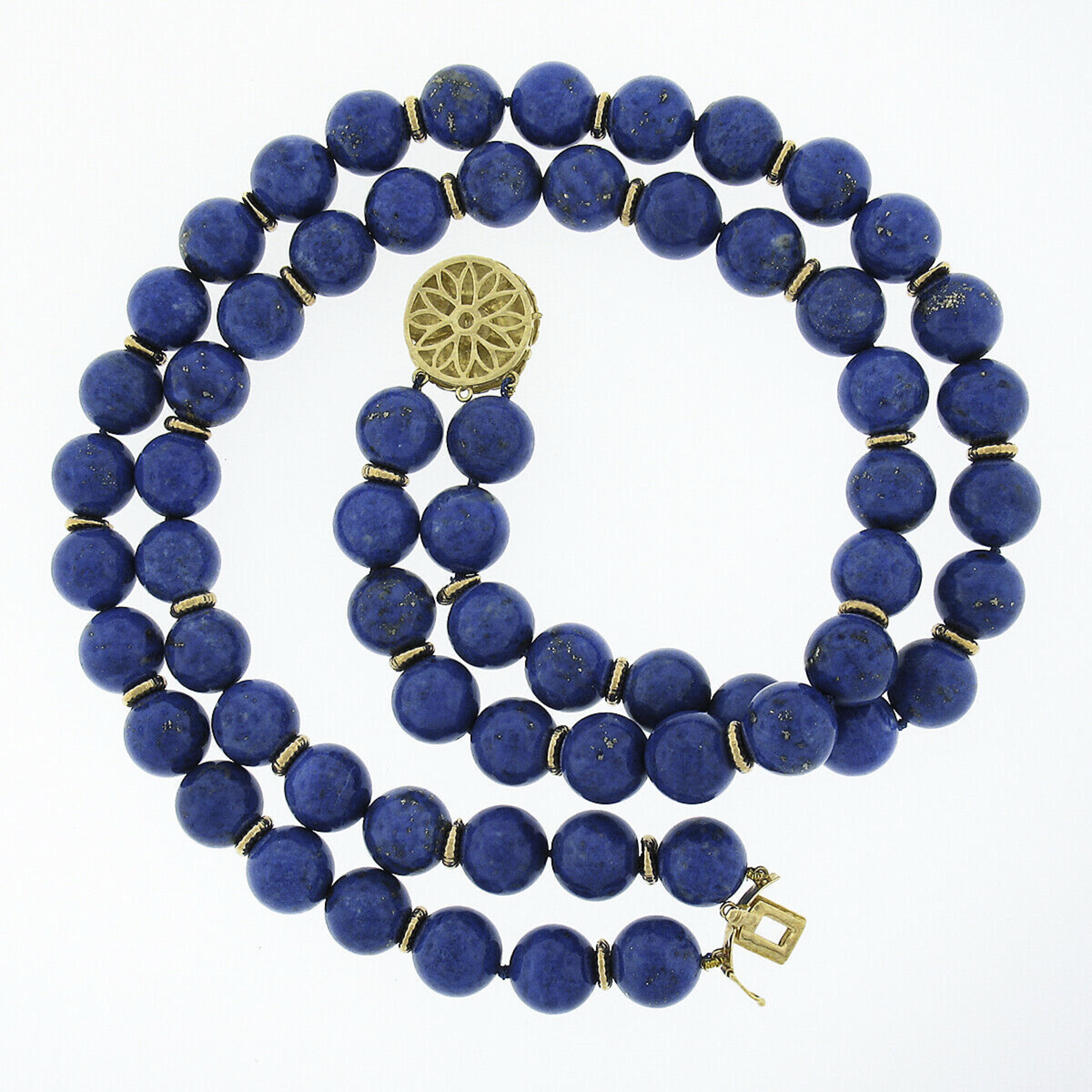 Round Cut Vintage GIA Lapis Lazuli Bead Dual Strand Necklace & 14k Gold Pearl Flower Clasp