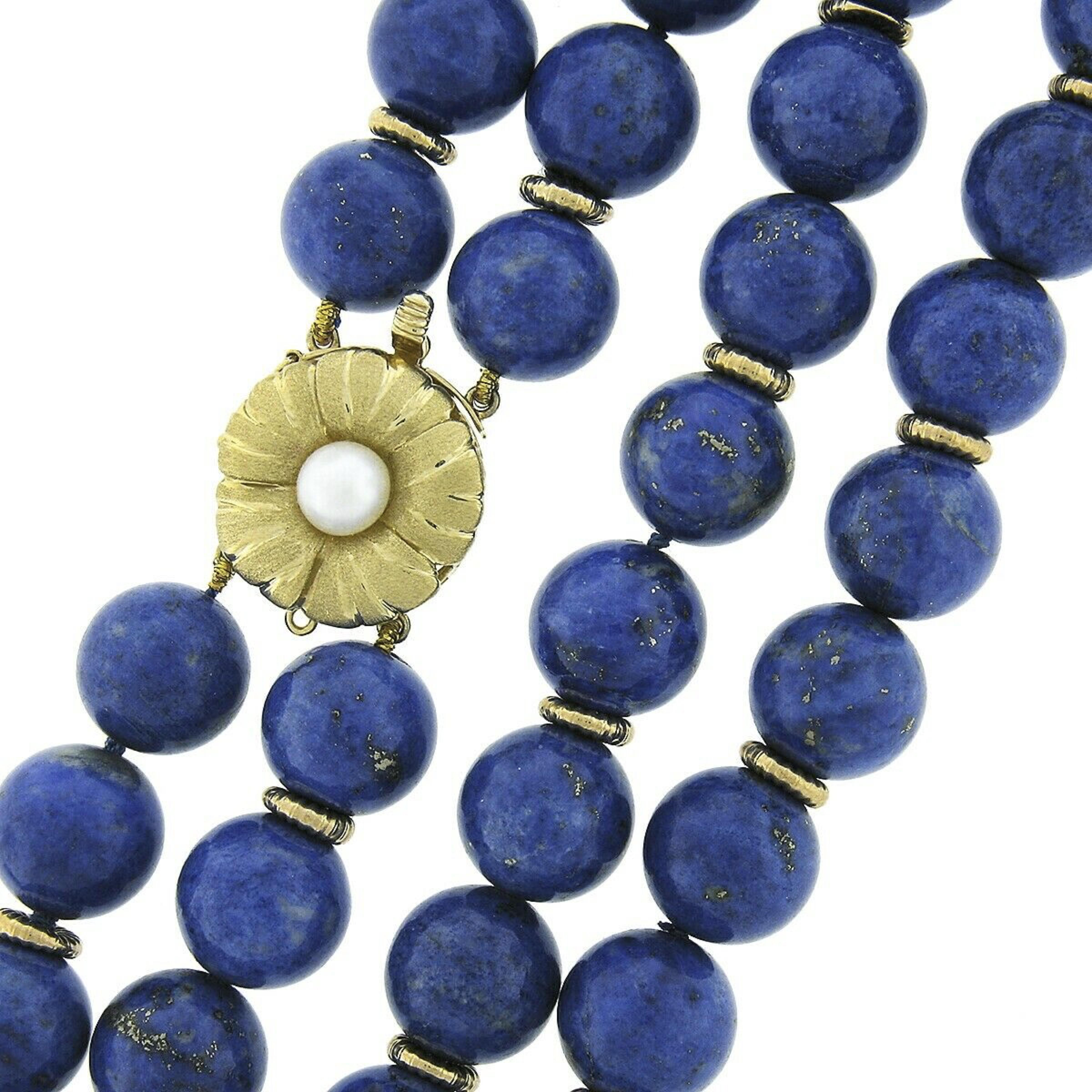 Vintage GIA Lapis Lazuli Bead Dual Strand Necklace & 14k Gold Pearl Flower Clasp In Good Condition In Montclair, NJ