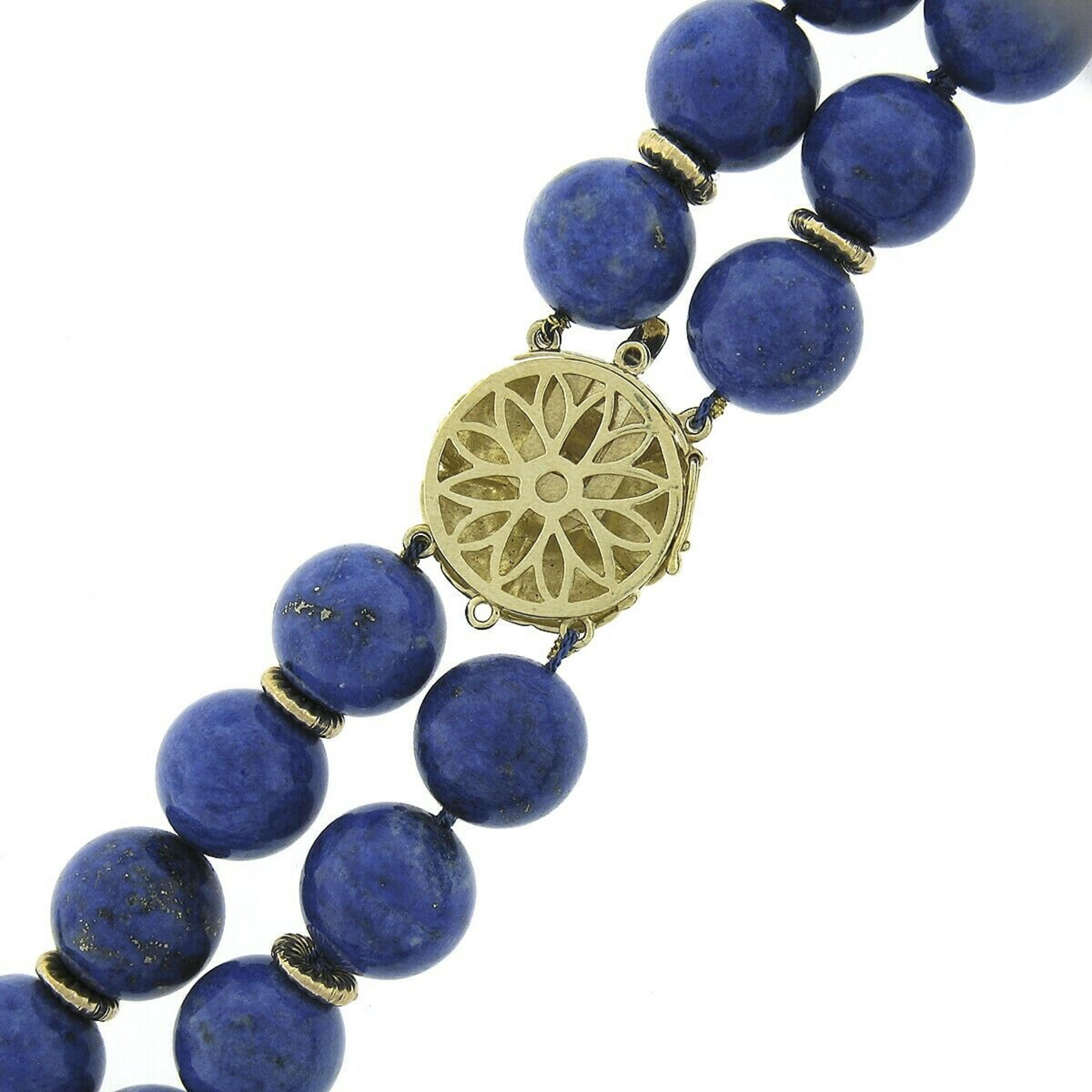 Women's Vintage GIA Lapis Lazuli Bead Dual Strand Necklace & 14k Gold Pearl Flower Clasp