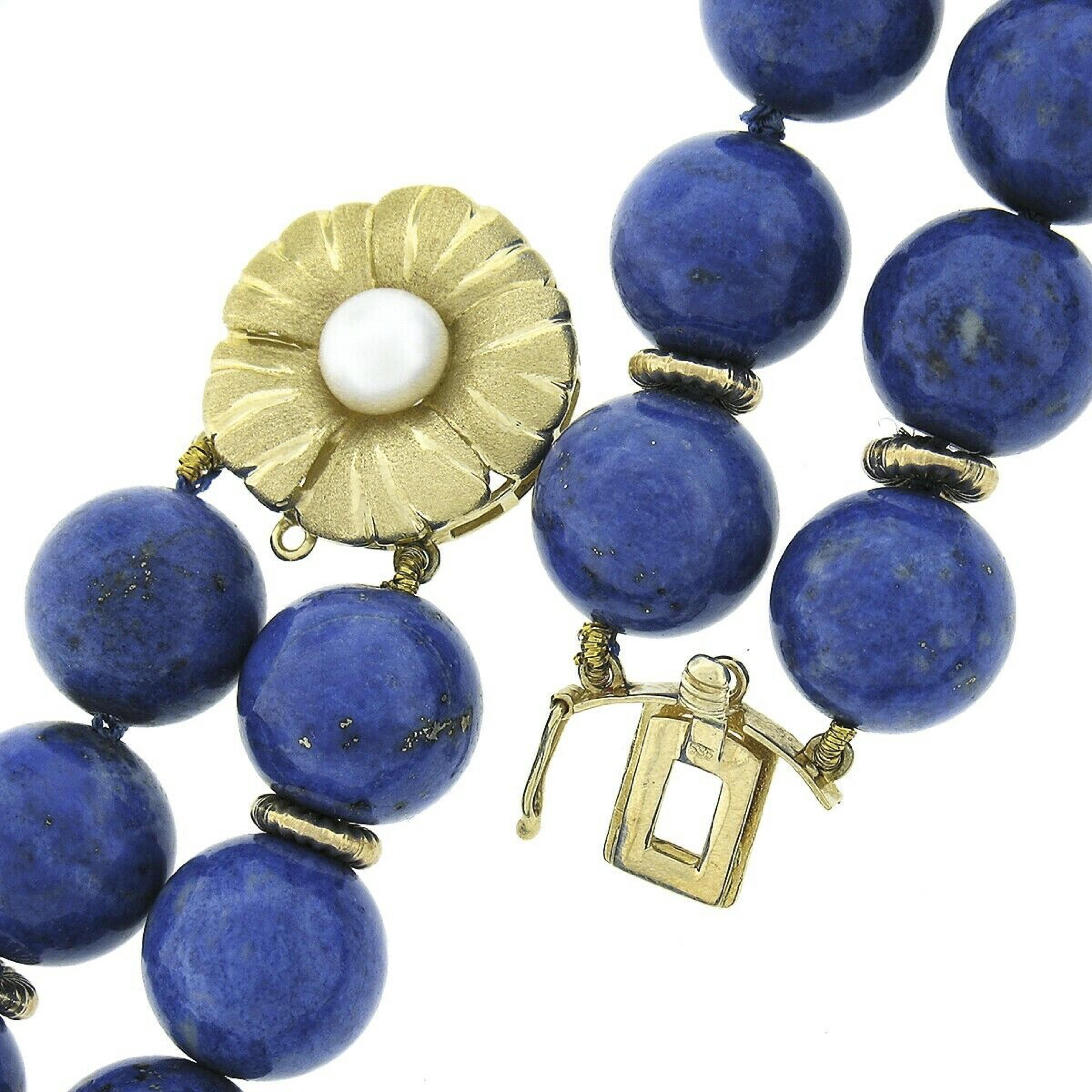 Vintage GIA Lapis Lazuli Bead Dual Strand Necklace & 14k Gold Pearl Flower Clasp 1
