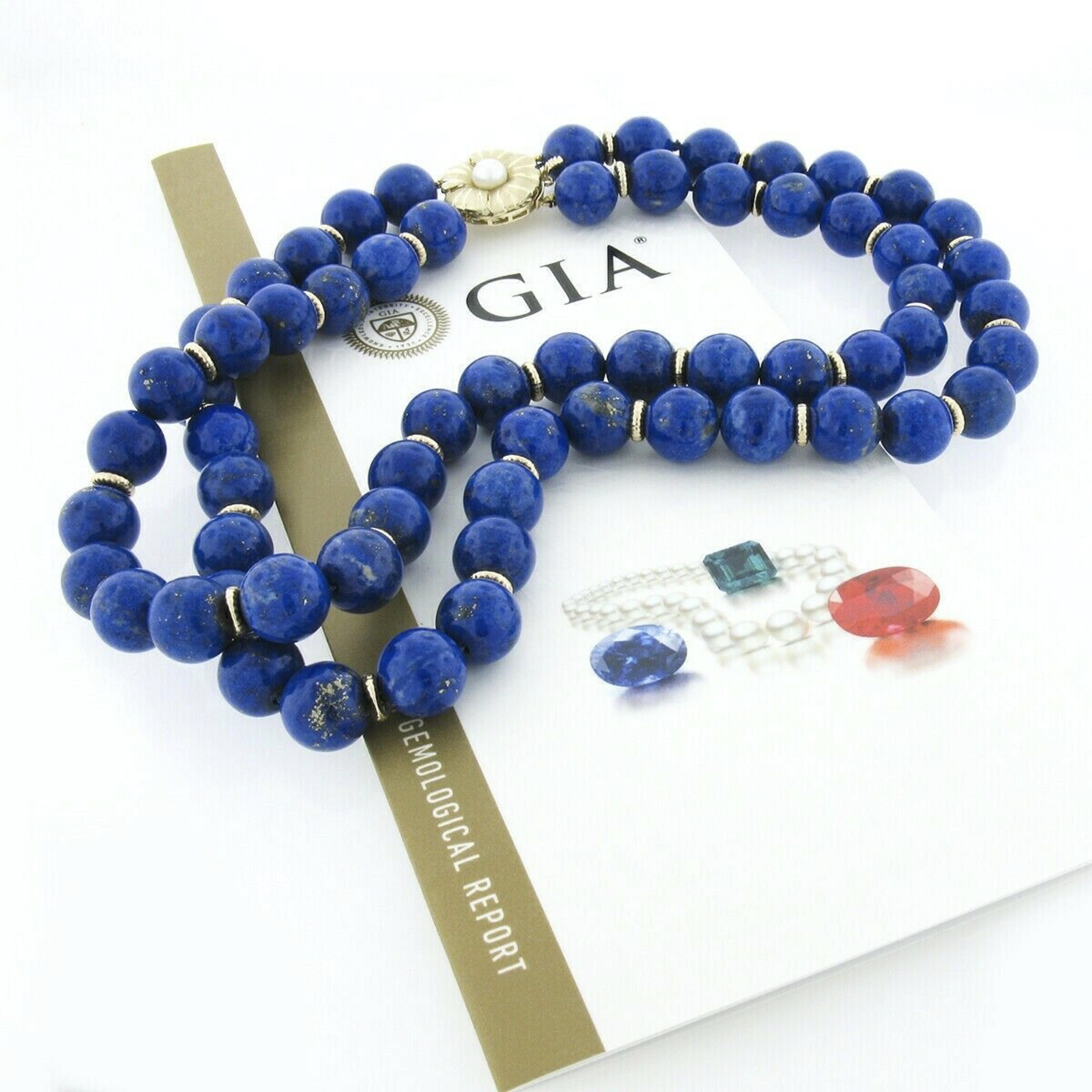 Vintage GIA Lapis Lazuli Bead Dual Strand Necklace & 14k Gold Pearl Flower Clasp 2