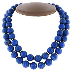 Vintage GIA Lapis Lazuli Bead Dual Strand Necklace & 14k Gold Pearl Flower Clasp