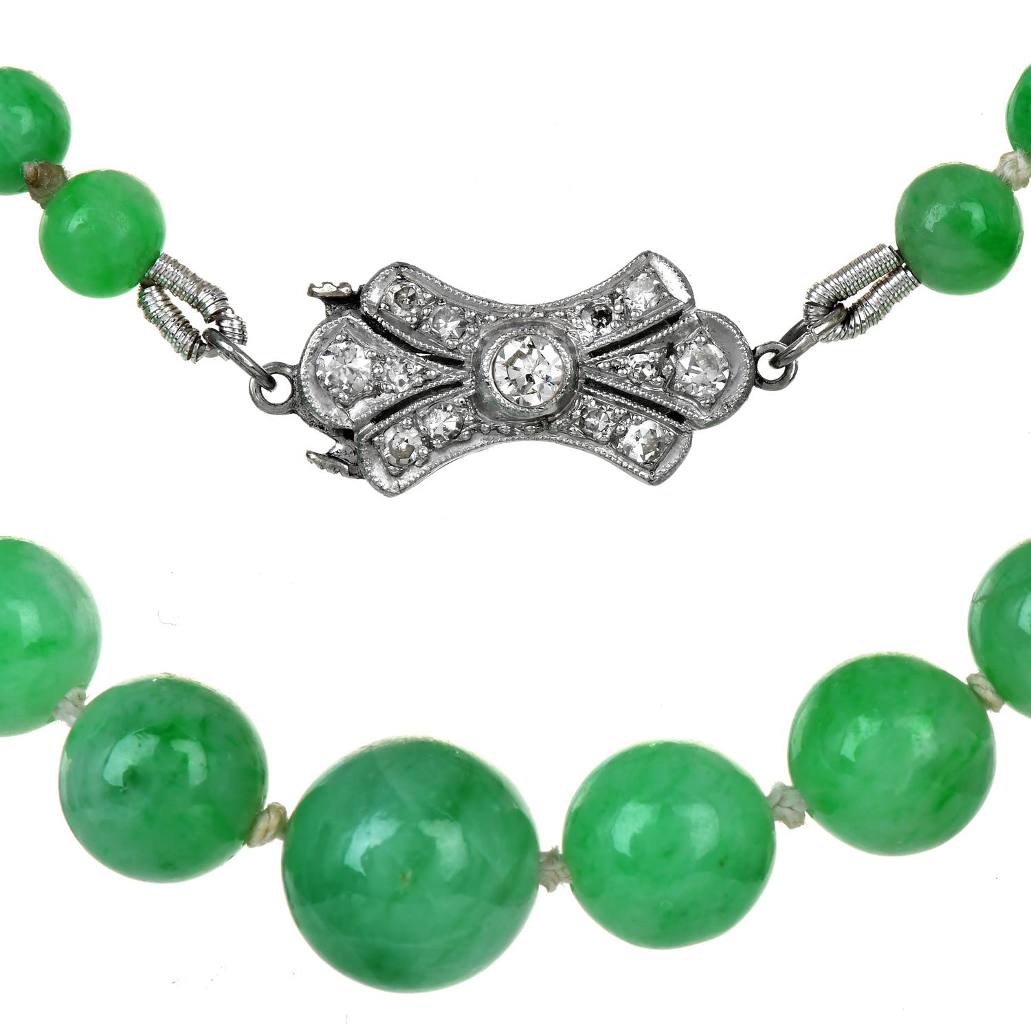 This 1950s classic graduated strand of Natural No Color Added Genuine Green Jade Beads adds a touch of color and elegance.

This piece is versatile in how the wearer prefers, it can be worn in a single or double style.

73 Finely & evenly matched 5