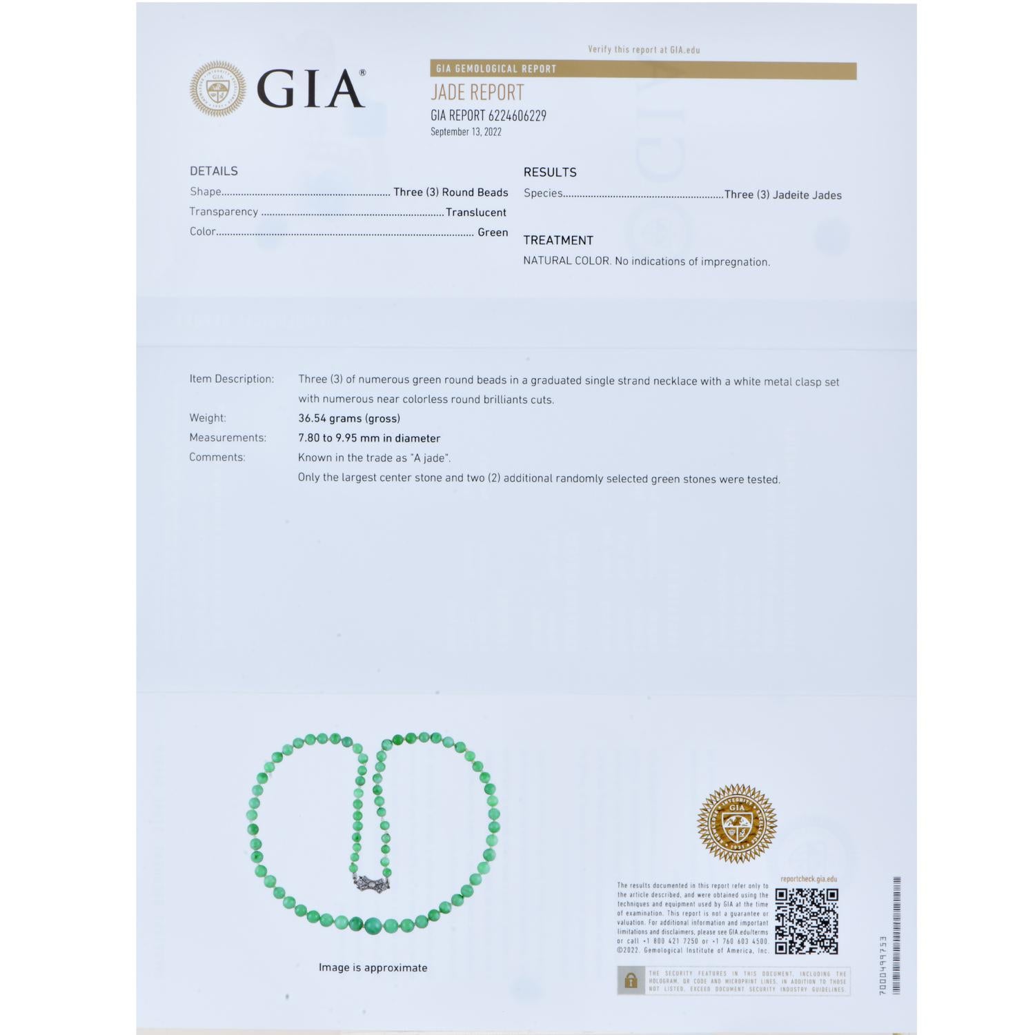Platin-Halskette, GIA natürliche Farbe Jade Perlen Diamant Platin im Angebot 1
