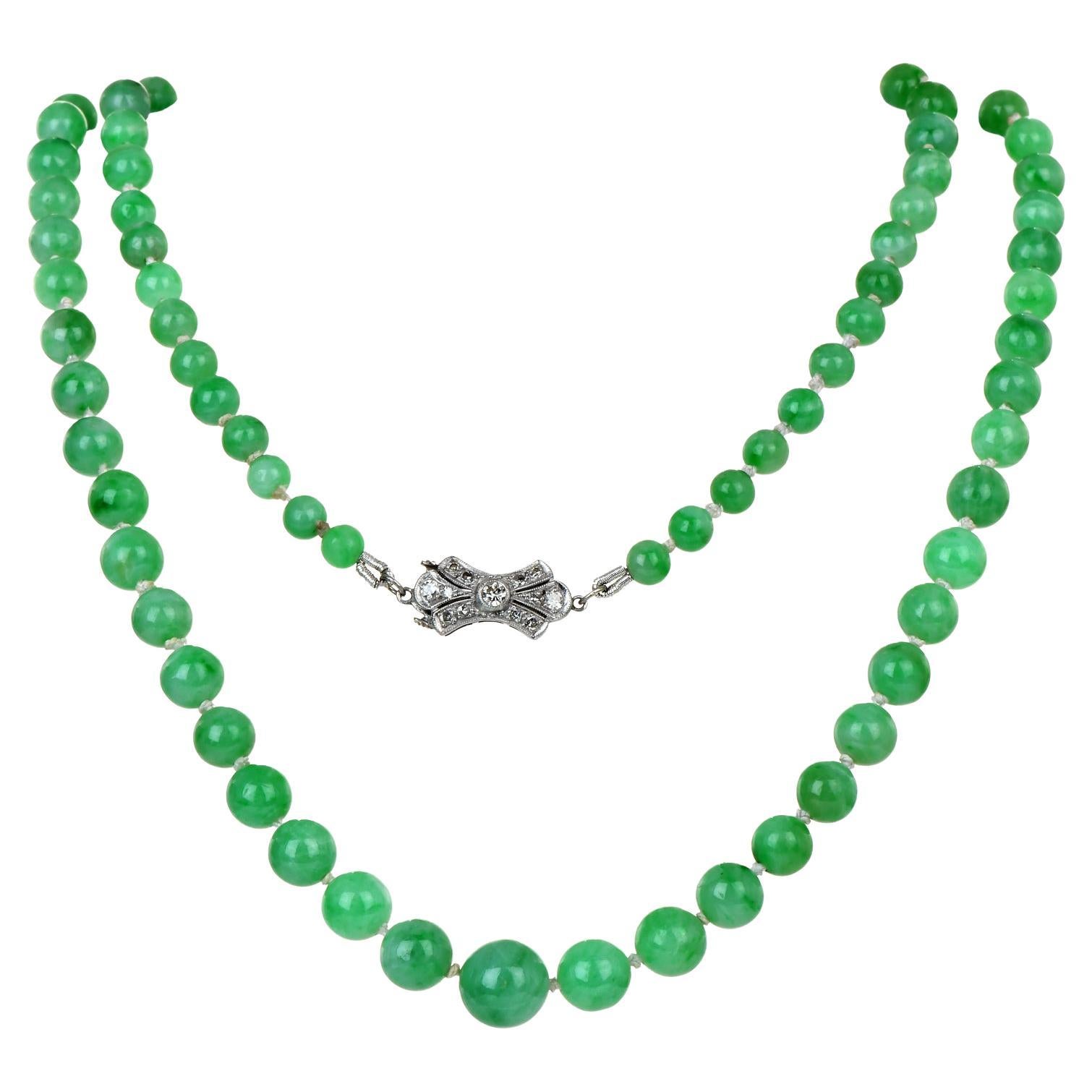 Vintage GIA Natural Color Jade Bead Diamond Platinum Necklace For Sale