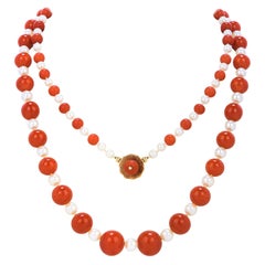 Vintage GIA Natural Red Coral Pearl 14k Gold Graduated Long Beaded NeckLace