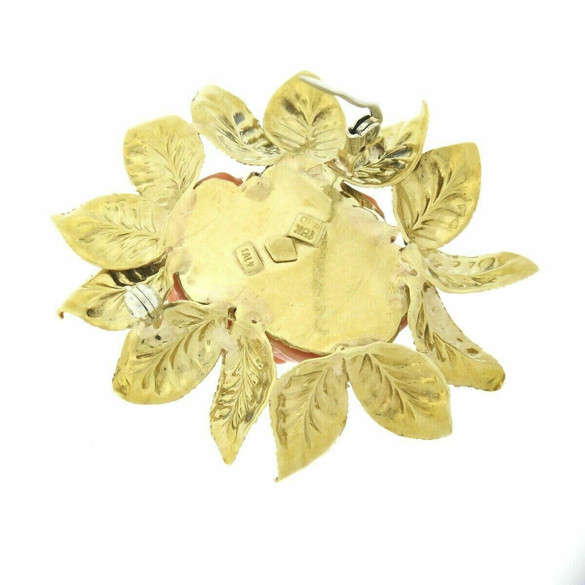 Rose Cut Vintage GIA No Dye Carved Rose Coral Pin Brooch w/ 18k Gold Textured Leaf Frame For Sale
