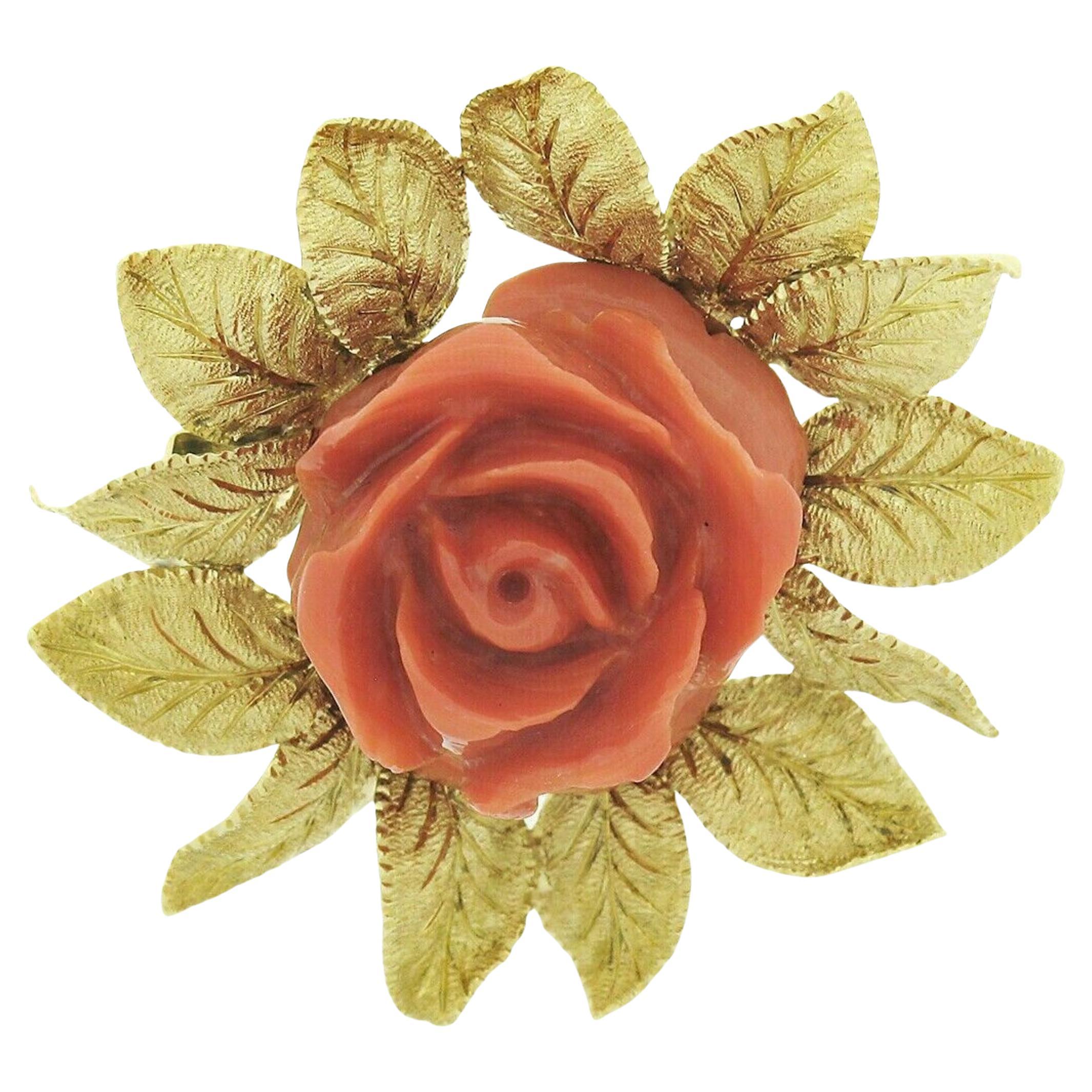 Vintage GIA No Dye Carved Rose Coral Pin Brooch w/ 18k Gold Textured Leaf Frame For Sale