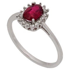 Anello a grappolo d'epoca GIA senza calore con rubino e diamante in oro bianco 14k
