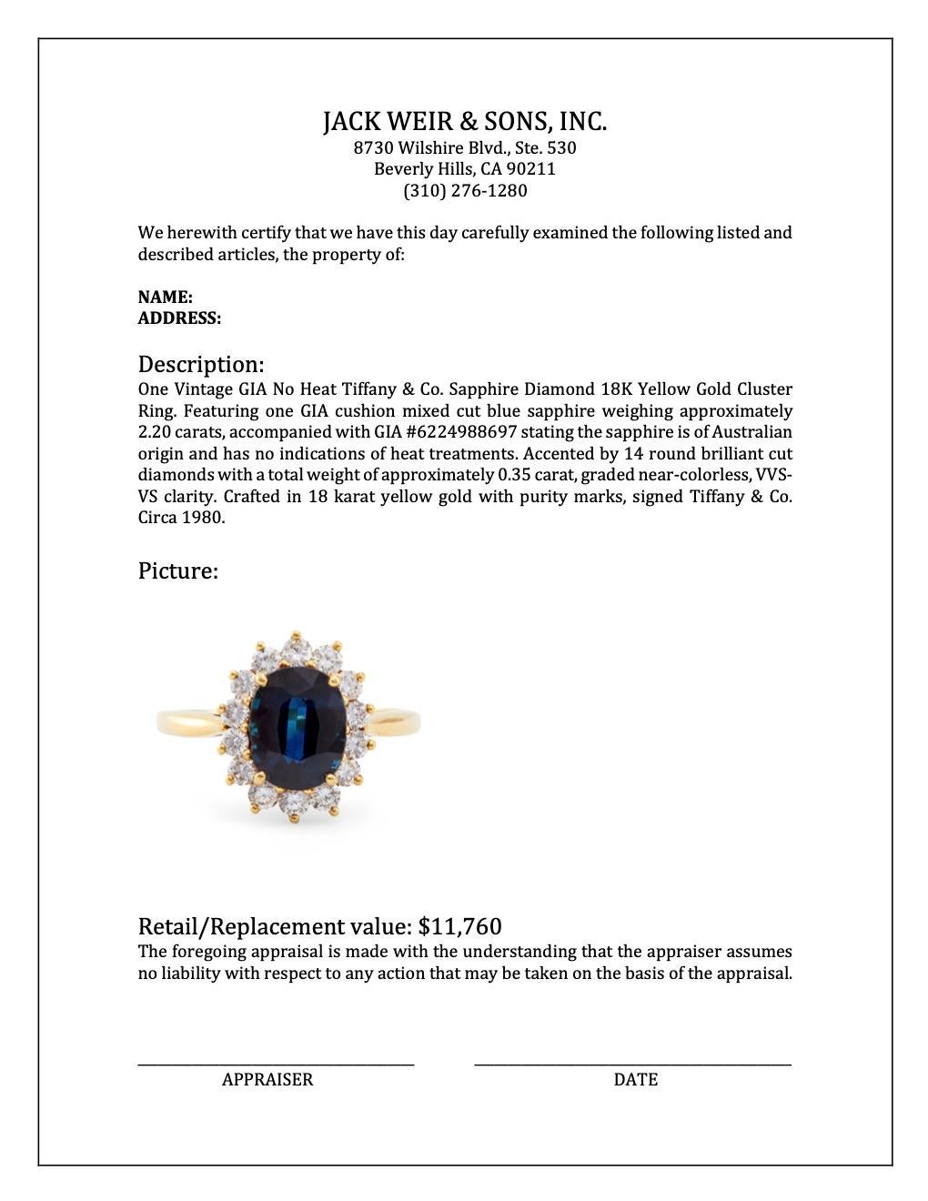 Vintage GIA No Heat Tiffany & Co. Sapphire Diamond 18K Yellow Gold Cluster Ring 2