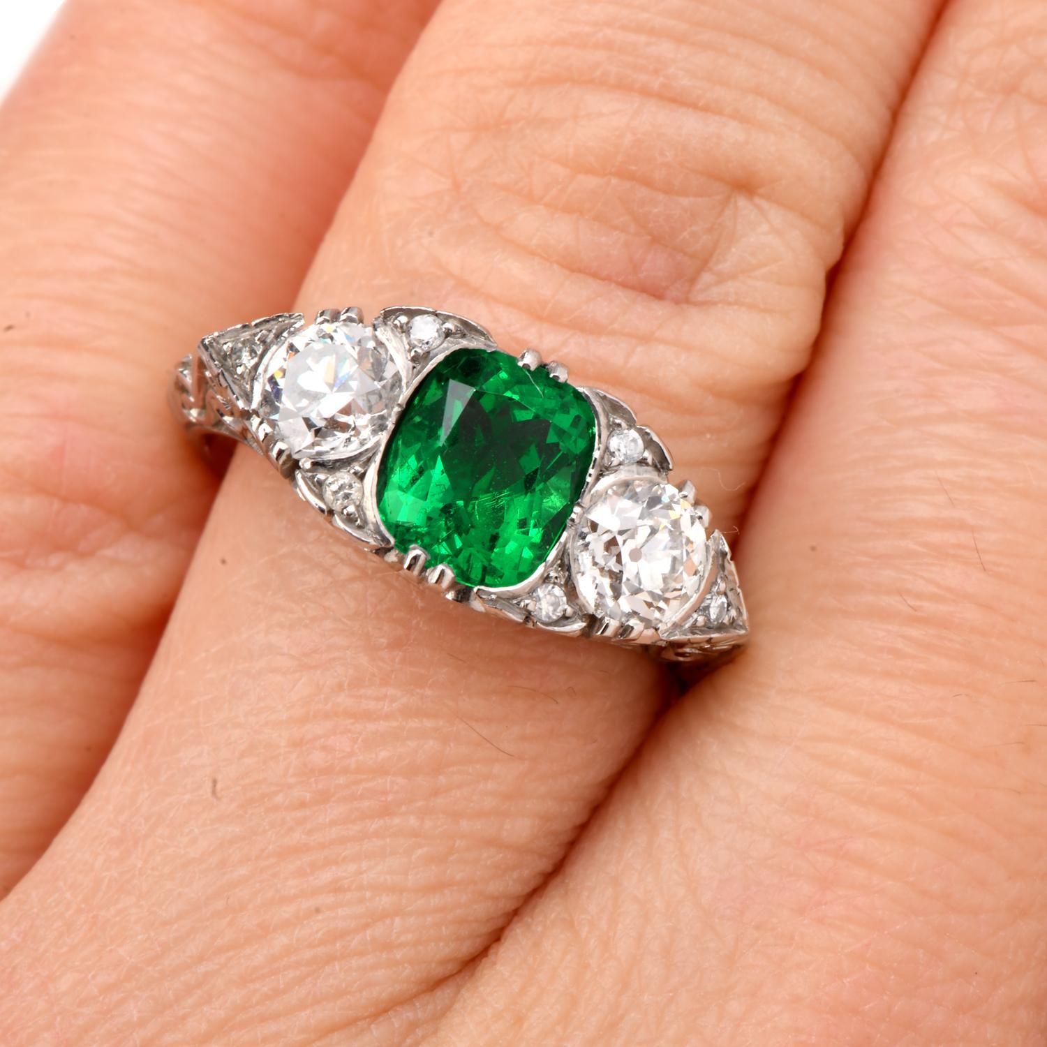 Vintage AGL AND GIA  certified NO OIL Colombian Emerald Diamond Platinum Ring

Very Few Emeralds have a badge of NO OIL on them. This high-end rare Filigree High Rise band is adorned with diamonds and Emerald crafted in Platinum. GIA Certified