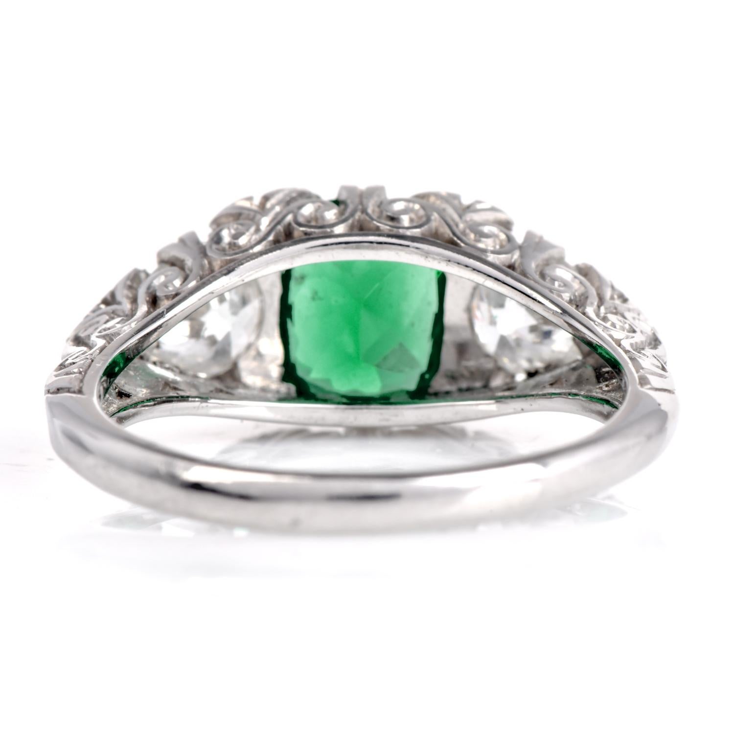 Women's or Men's Vintage GIA NO Oil Colombian Emerald Diamond Platinum Ring For Sale