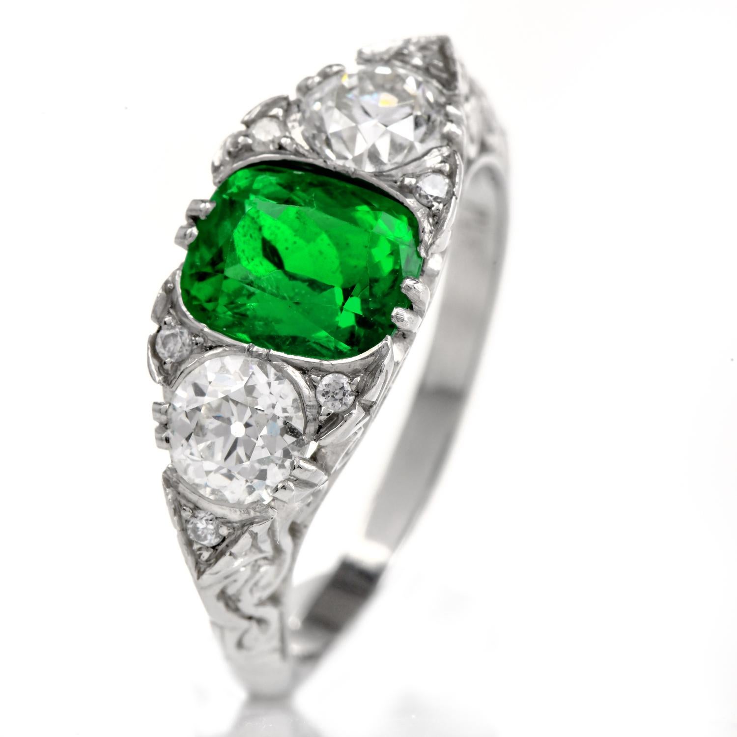 Vintage GIA NO Oil Colombian Emerald Diamond Platinum Ring For Sale 1