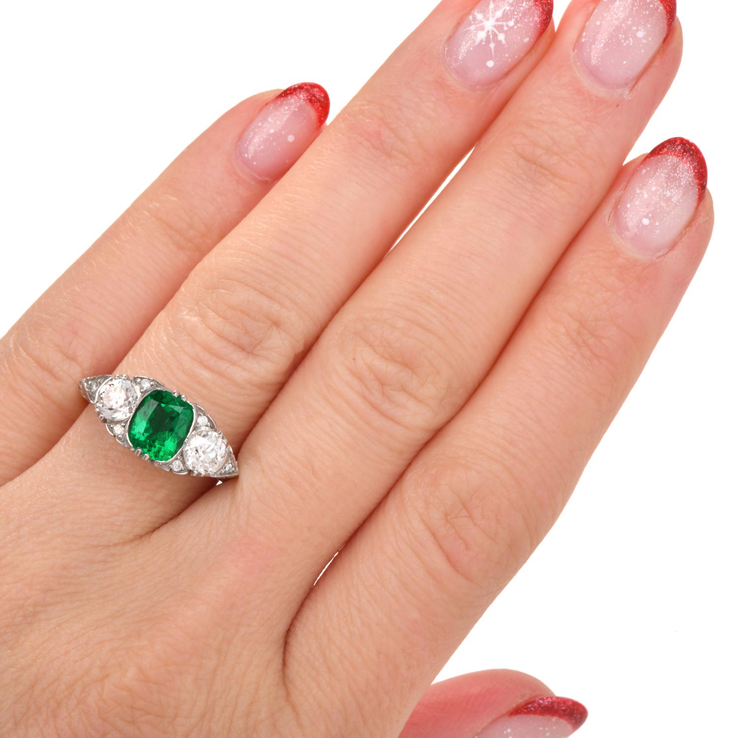 Vintage GIA NO Oil Colombian Emerald Diamond Platinum Ring For Sale 2