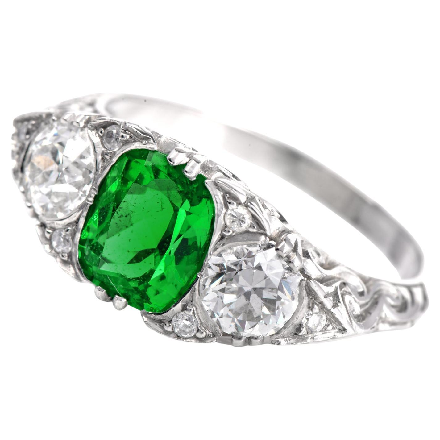 Vintage GIA NO Oil Colombian Emerald Diamond Platinum Ring For Sale